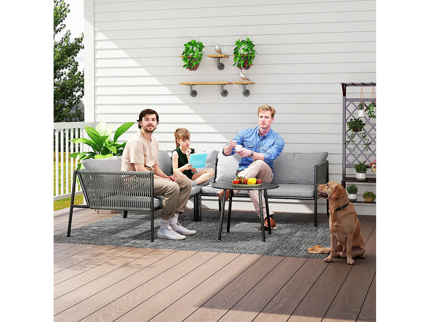 Salon de Jardin En Polyrotin Avec Canapé D'Angle, Table Et Coussins Pour 6 Personnes, Gris Foncé