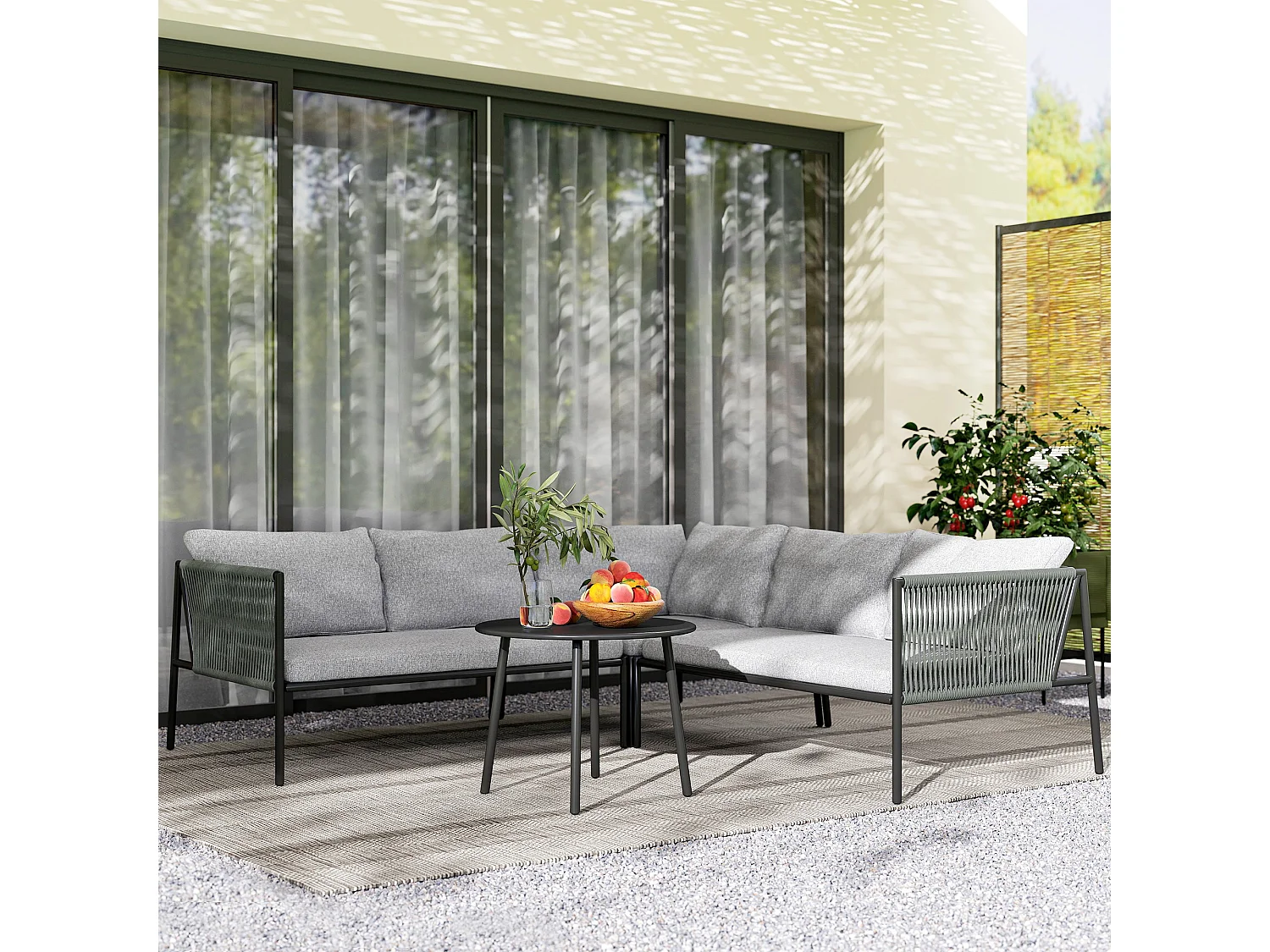 Salon de Jardin En Polyrotin Avec Canapé D'Angle, Table Et Coussins Pour 6 Personnes, Gris Foncé