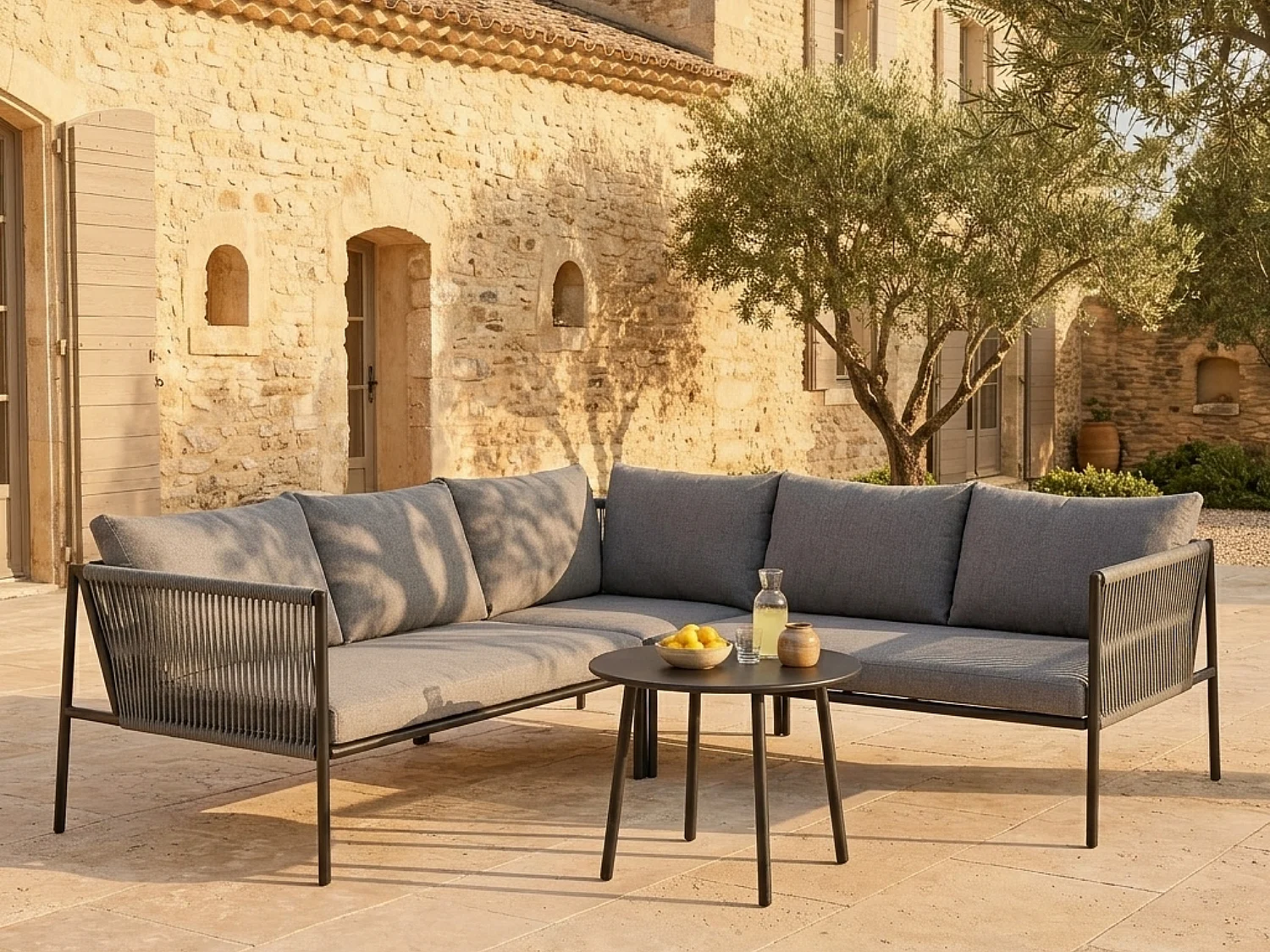 Salon de Jardin En Polyrotin Avec Canapé D'Angle, Table Et Coussins Pour 6 Personnes, Gris Foncé