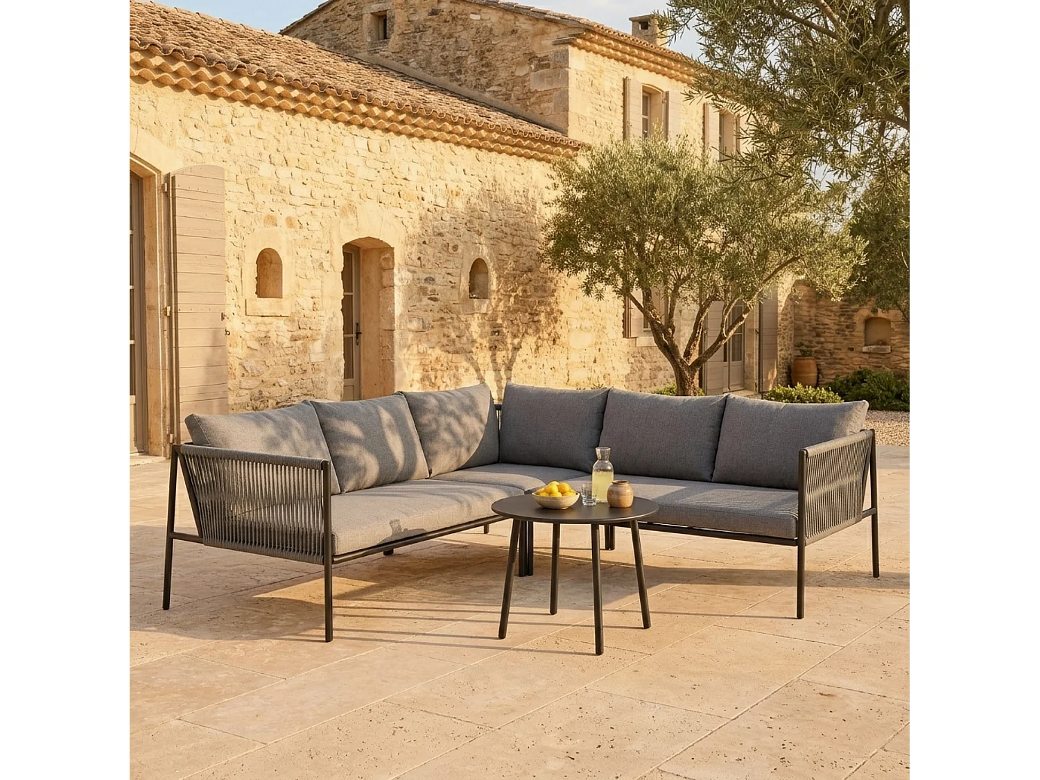 Salon de Jardin En Polyrotin Avec Canapé D'Angle, Table Et Coussins Pour 6 Personnes, Gris Foncé