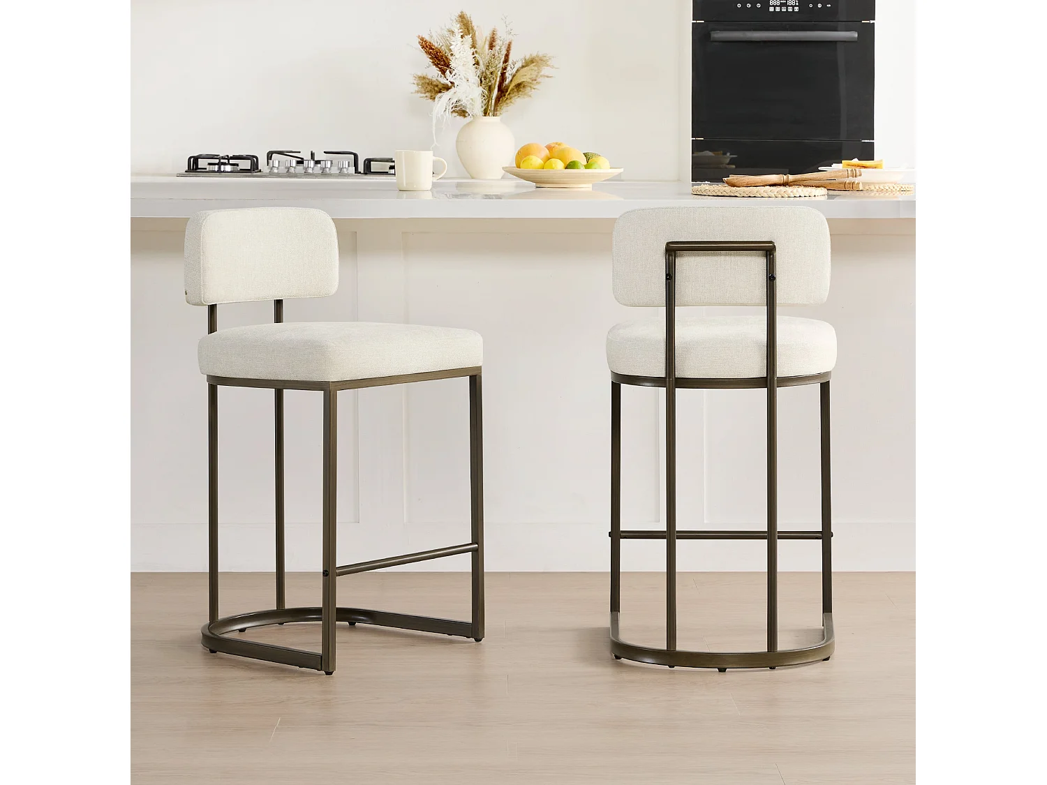 Lot de 2 tabourets de bar, Hauteur comptoir 66 cm,Tissu lin, Piètement métal-Beige
