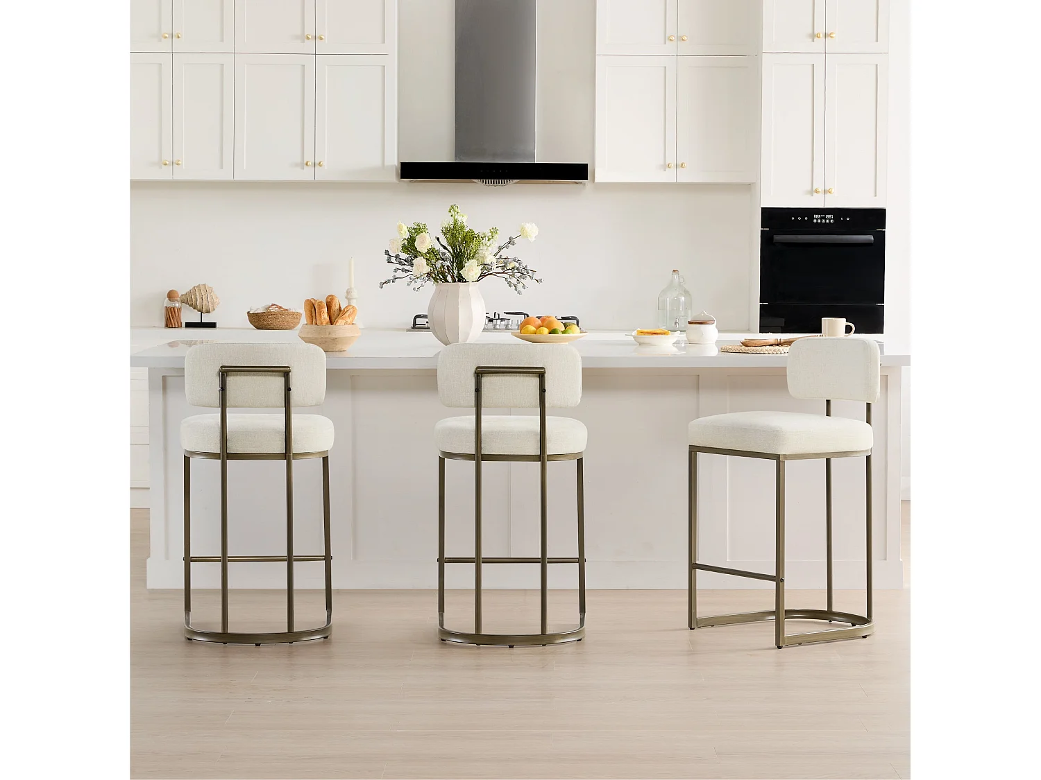 Lot de 2 tabourets de bar, Hauteur comptoir 66 cm,Tissu lin, Piètement métal-Beige