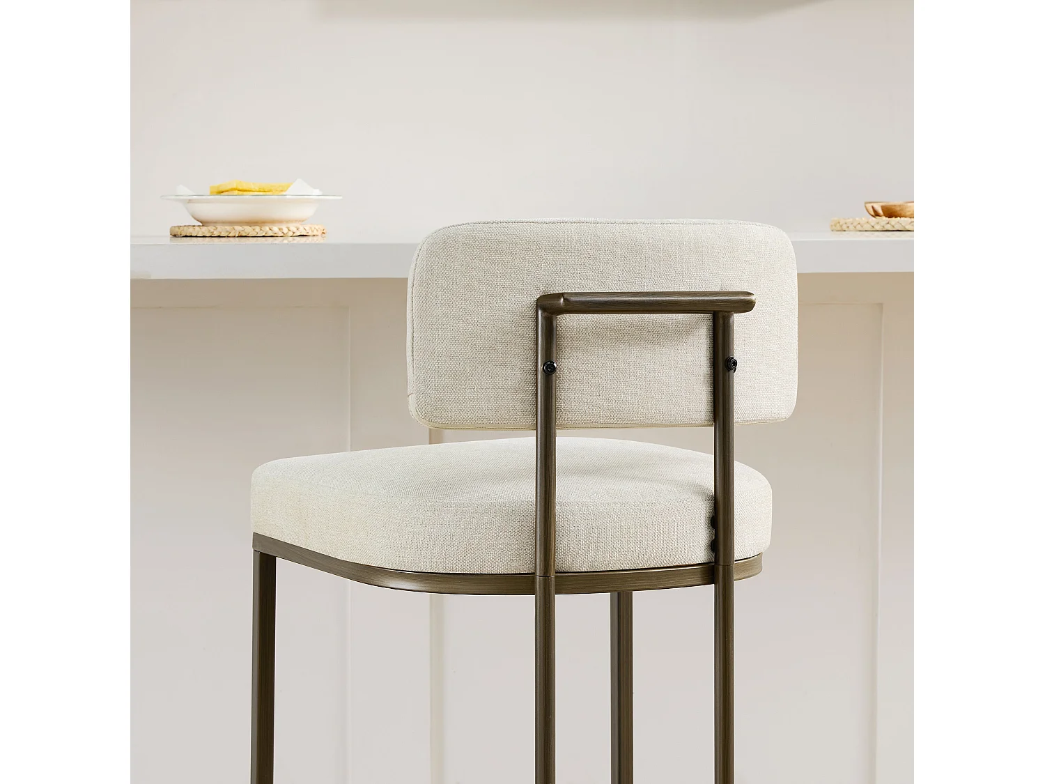 Lot de 2 tabourets de bar, Hauteur comptoir 66 cm,Tissu lin, Piètement métal-Beige