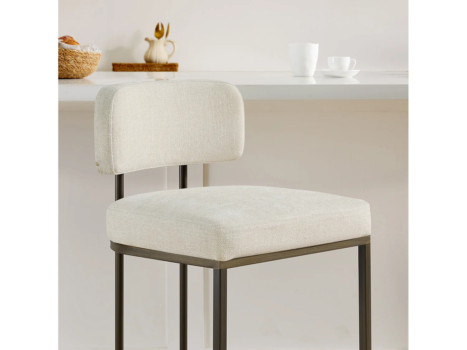 Lot de 2 tabourets de bar, Hauteur comptoir 66 cm,Tissu lin, Piètement métal-Beige
