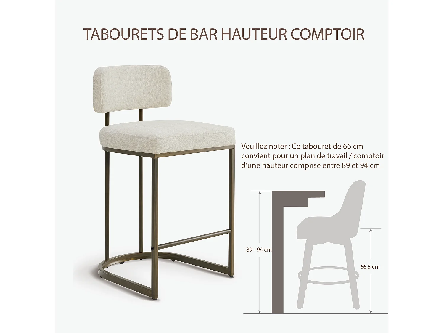 Lot de 2 tabourets de bar, Hauteur comptoir 66 cm,Tissu lin, Piètement métal-Beige