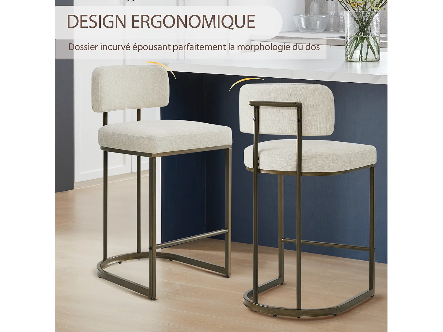 Lot de 2 tabourets de bar, Hauteur comptoir 66 cm,Tissu lin, Piètement métal-Beige