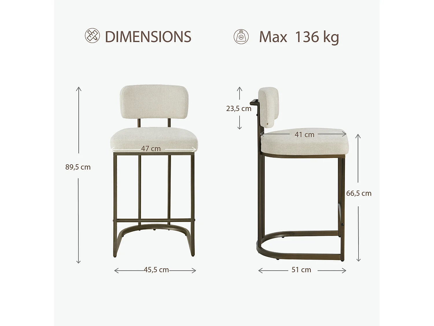 Lot de 2 tabourets de bar, Hauteur comptoir 66 cm,Tissu lin, Piètement métal-Beige