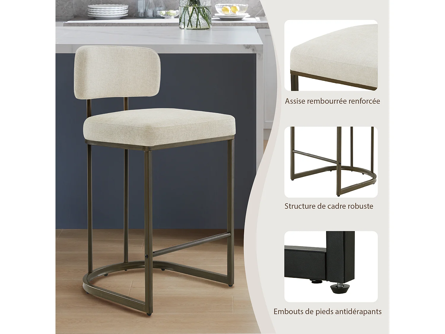 Lot de 2 tabourets de bar, Hauteur comptoir 66 cm,Tissu lin, Piètement métal-Beige