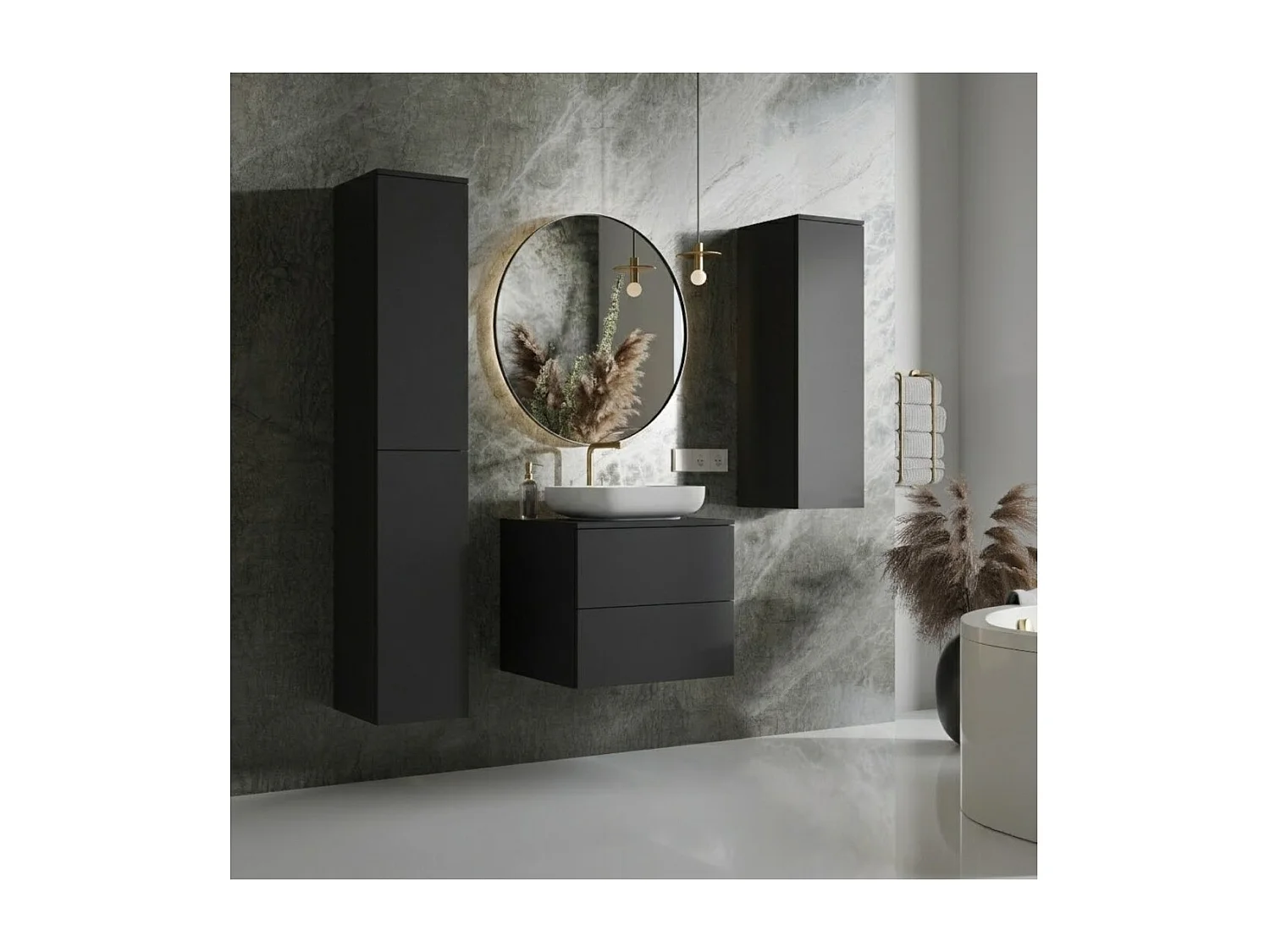 Badezimmerset 3-Teilig: Unterschrank + 2 Hochschränke Color Schwarz (2S 60 + 1D 100 + 2D160)