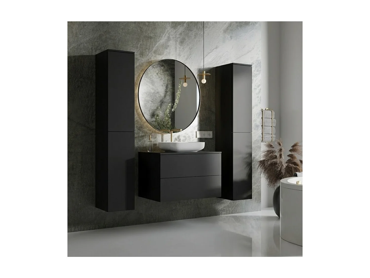 Badezimmerset 3-Teilig: Unterschrank + 2 Hochschränke Color Schwarz (2S 80 + 2D 160 X2)