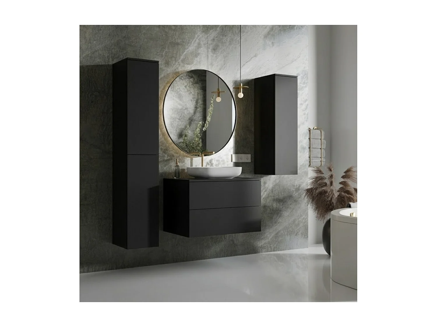 Badezimmerset 3-Teilig: Unterschrank + 2 Hochschränke Color Schwarz (2S 80 + 1D 100 + 2D160)