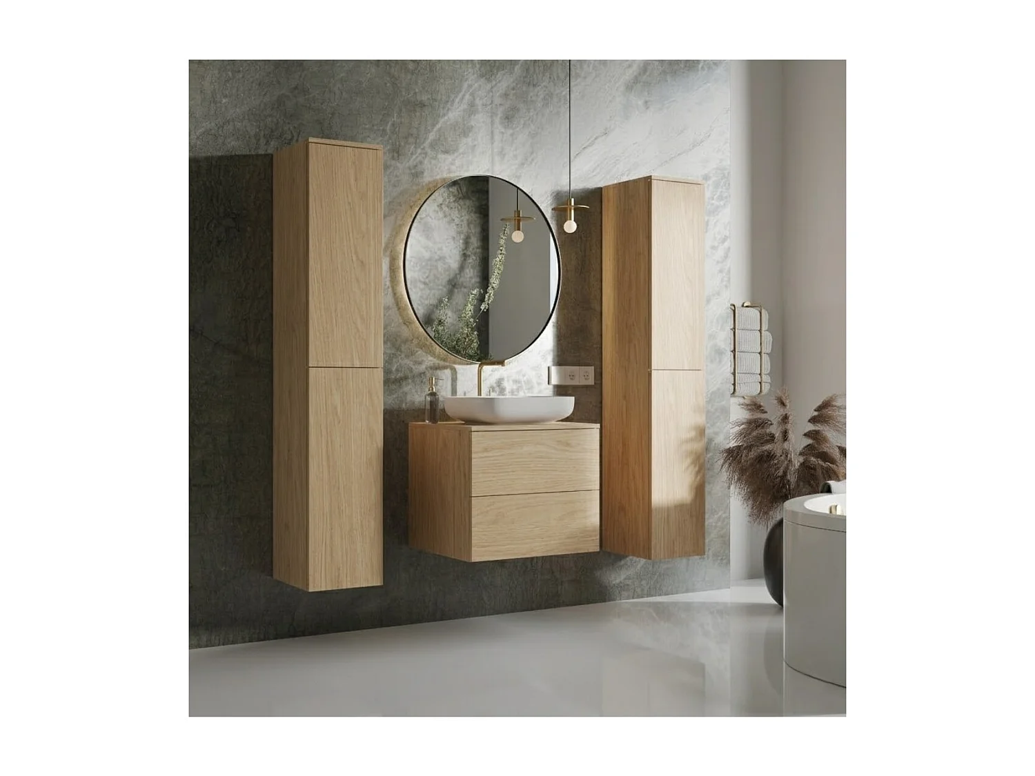 Badkamerset 3-delig: Wastafelonderkast + 2 Kolomkasten Kleur Lente-eik (2S 60 + 2D 160 X2)