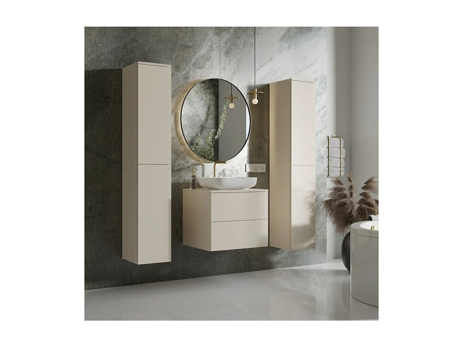 Badkamerset 3-delig: Wastafelonderkast + 2 Kolomkasten Kleur Macadamia (2S 60 + 2D 160 X2)