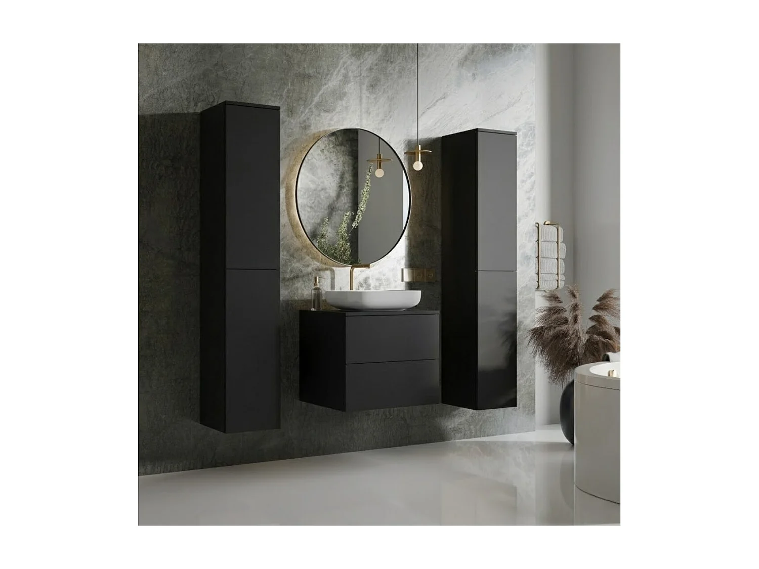 Badkamerset 3-delig: Wastafelonderkast + 2 Kolomkasten Kleur Zwart (2S 60 + 2D 160 X2)
