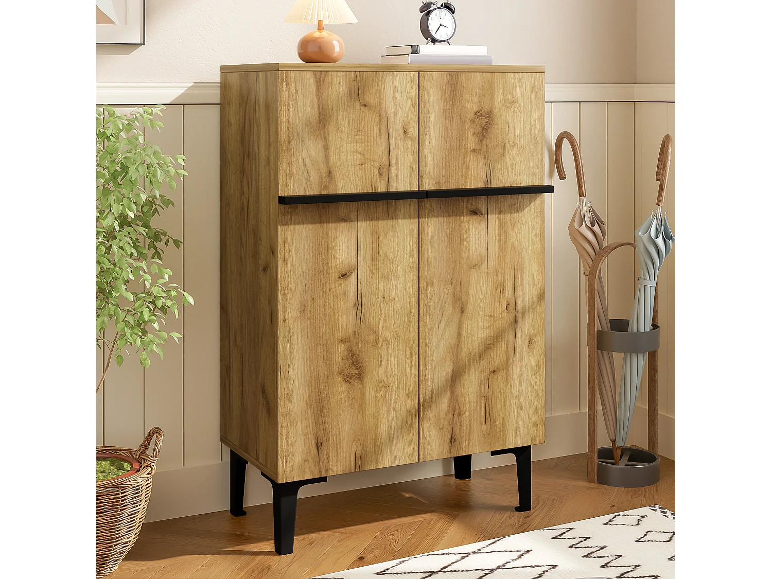 Shoe cabinet 95x60x34.5 cm - 2 doors - Adjustable shelves - Wood finish - Particleboard - Natural