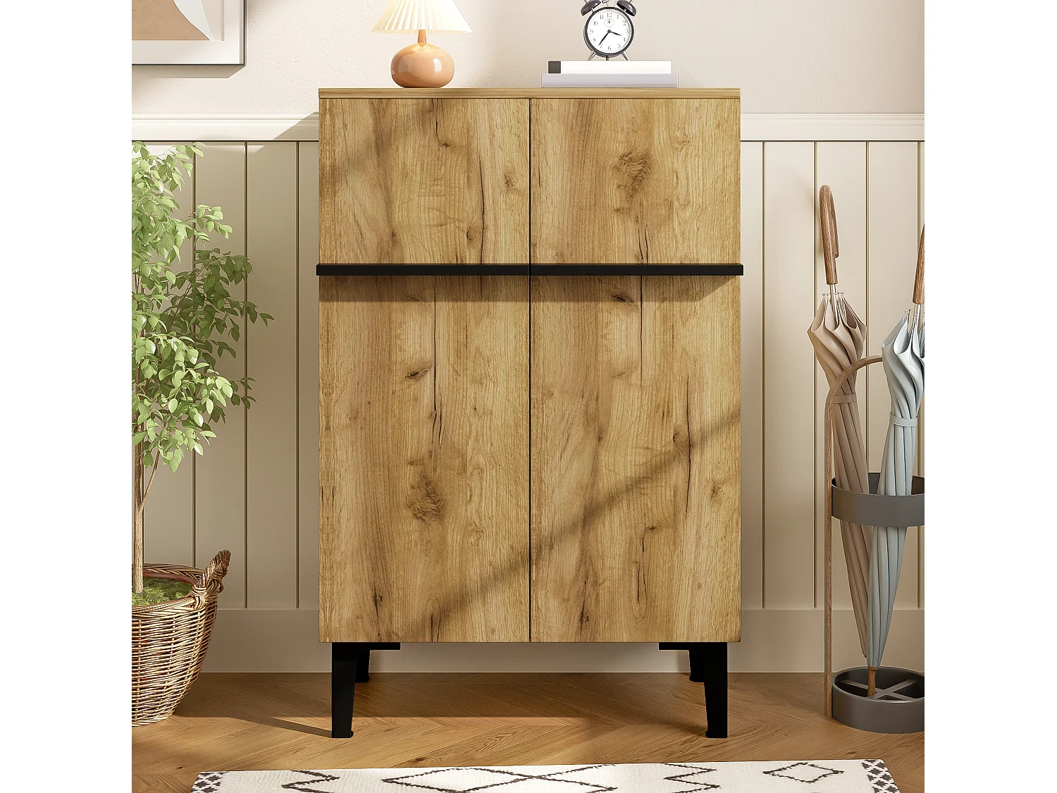 Shoe cabinet 95x60x34.5 cm - 2 doors - Adjustable shelves - Wood finish - Particleboard - Natural