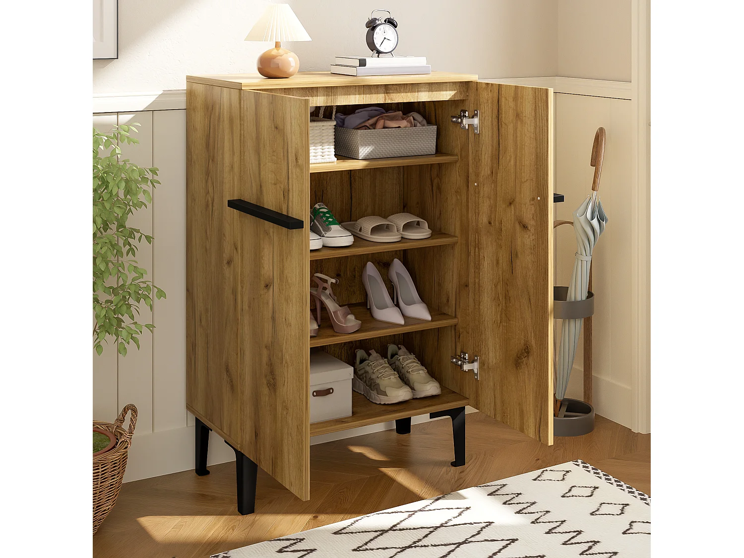 Shoe cabinet 95x60x34.5 cm - 2 doors - Adjustable shelves - Wood finish - Particleboard - Natural