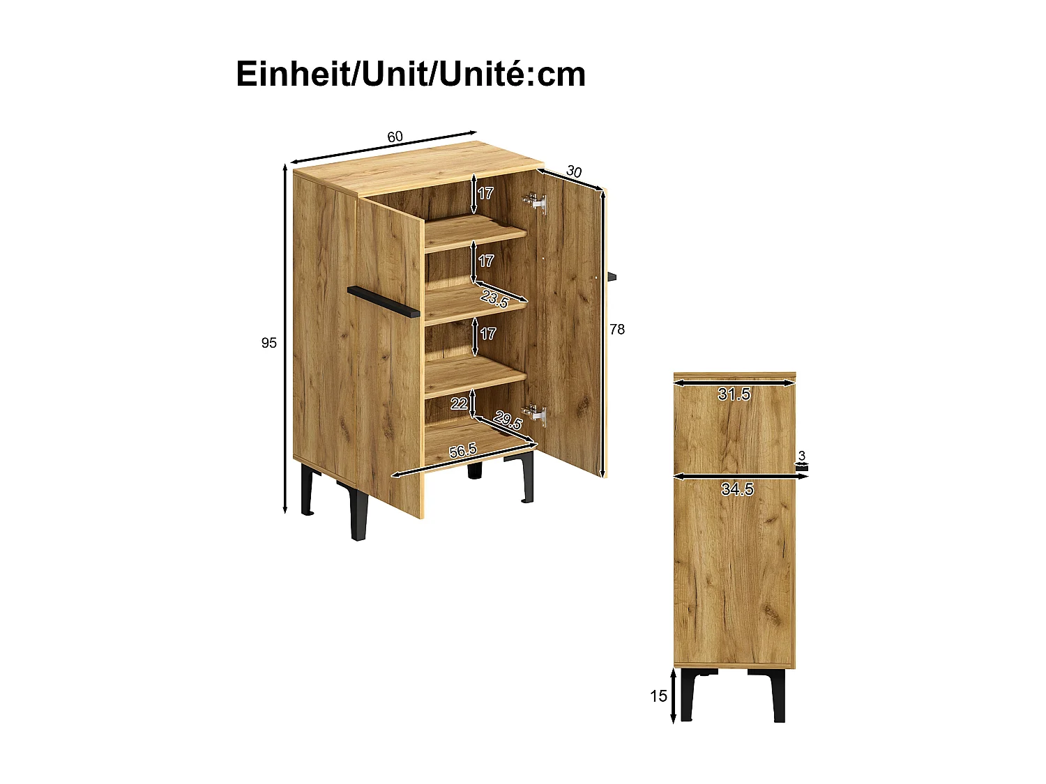 Shoe cabinet 95x60x34.5 cm - 2 doors - Adjustable shelves - Wood finish - Particleboard - Natural