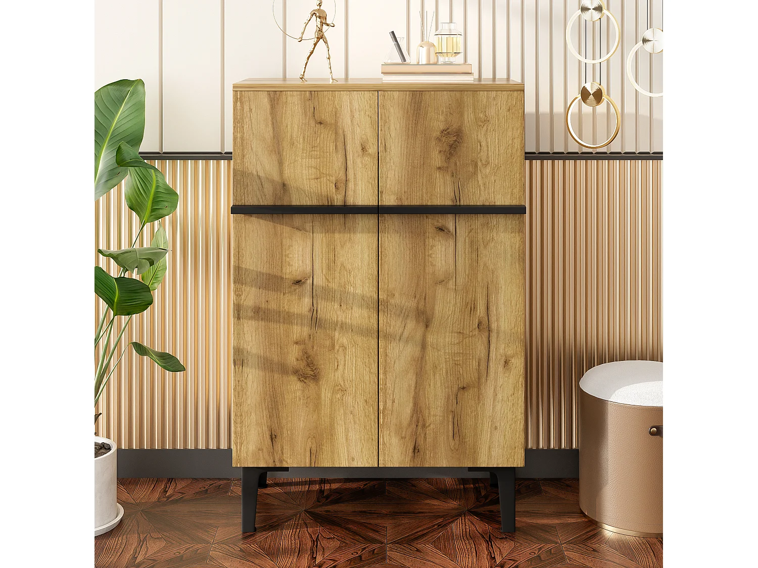 Shoe cabinet 95x60x34.5 cm - 2 doors - Adjustable shelves - Wood finish - Particleboard - Natural