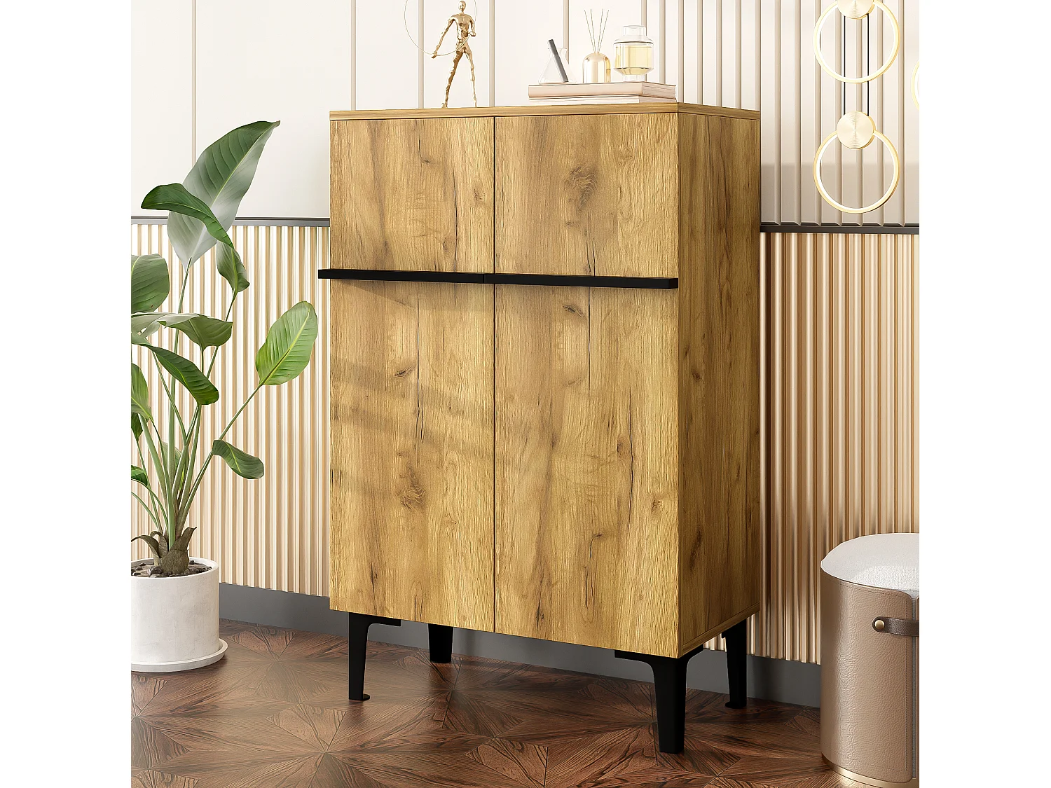 Shoe cabinet 95x60x34.5 cm - 2 doors - Adjustable shelves - Wood finish - Particleboard - Natural