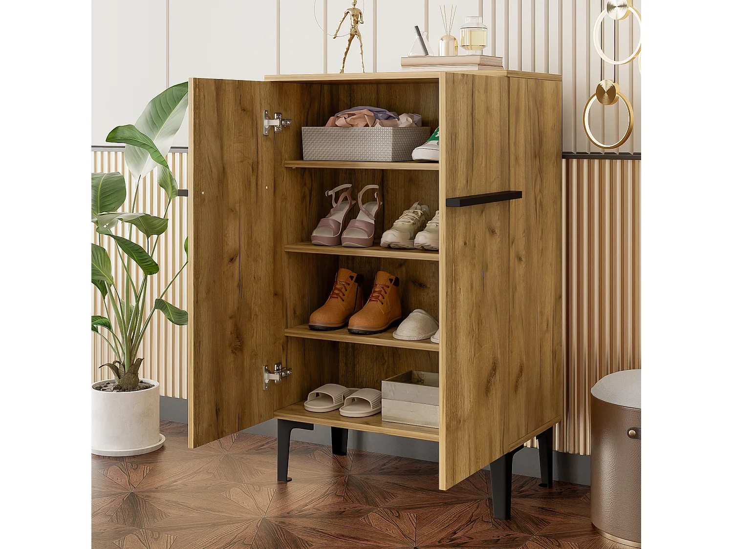 Shoe cabinet 95x60x34.5 cm - 2 doors - Adjustable shelves - Wood finish - Particleboard - Natural