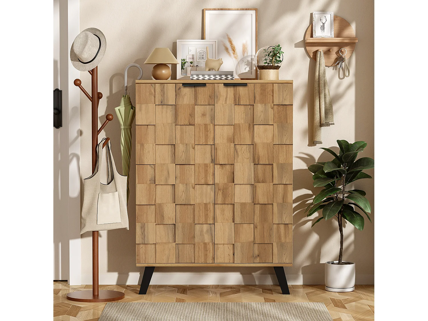 Modern Shoe Cabinet 80x35x110cm - 2 Doors - 5 Compartments - Adjustable Shelves - Wood Effect Finish - Natural