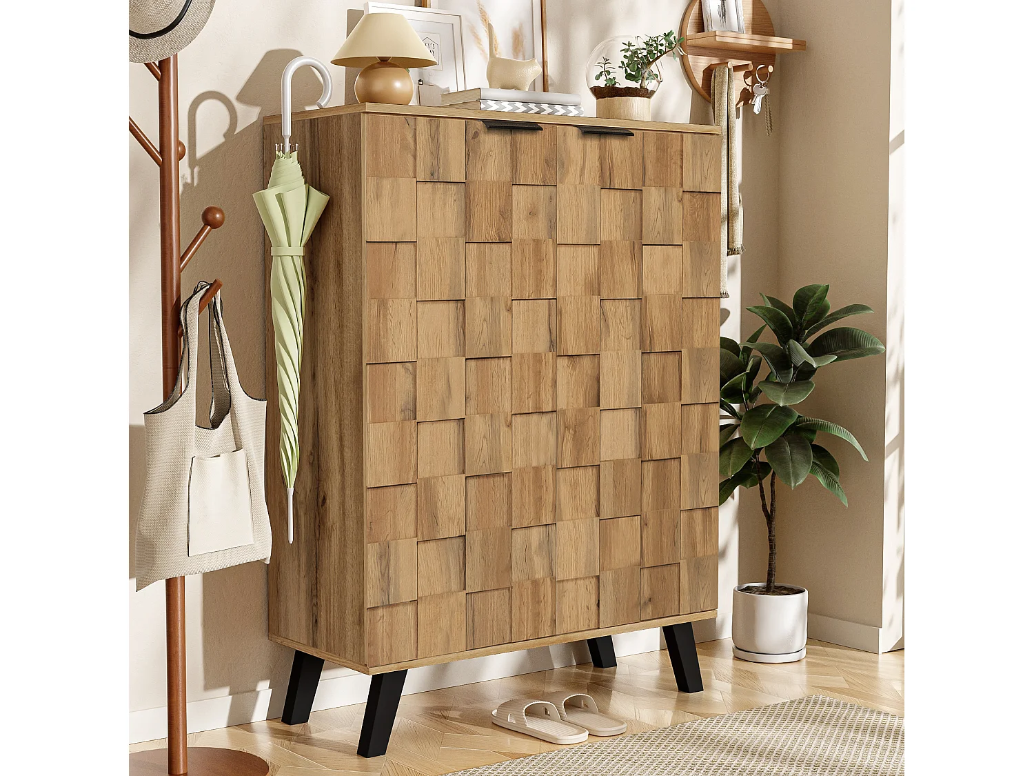 Modern Shoe Cabinet 80x35x110cm - 2 Doors - 5 Compartments - Adjustable Shelves - Wood Effect Finish - Natural