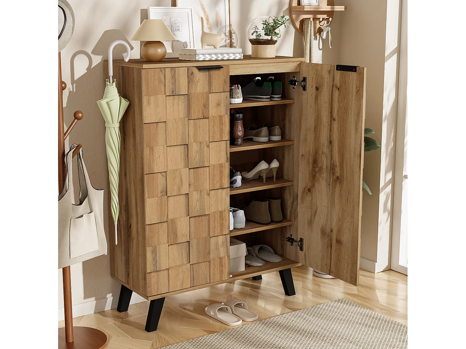 Modern Shoe Cabinet 80x35x110cm - 2 Doors - 5 Compartments - Adjustable Shelves - Wood Effect Finish - Natural