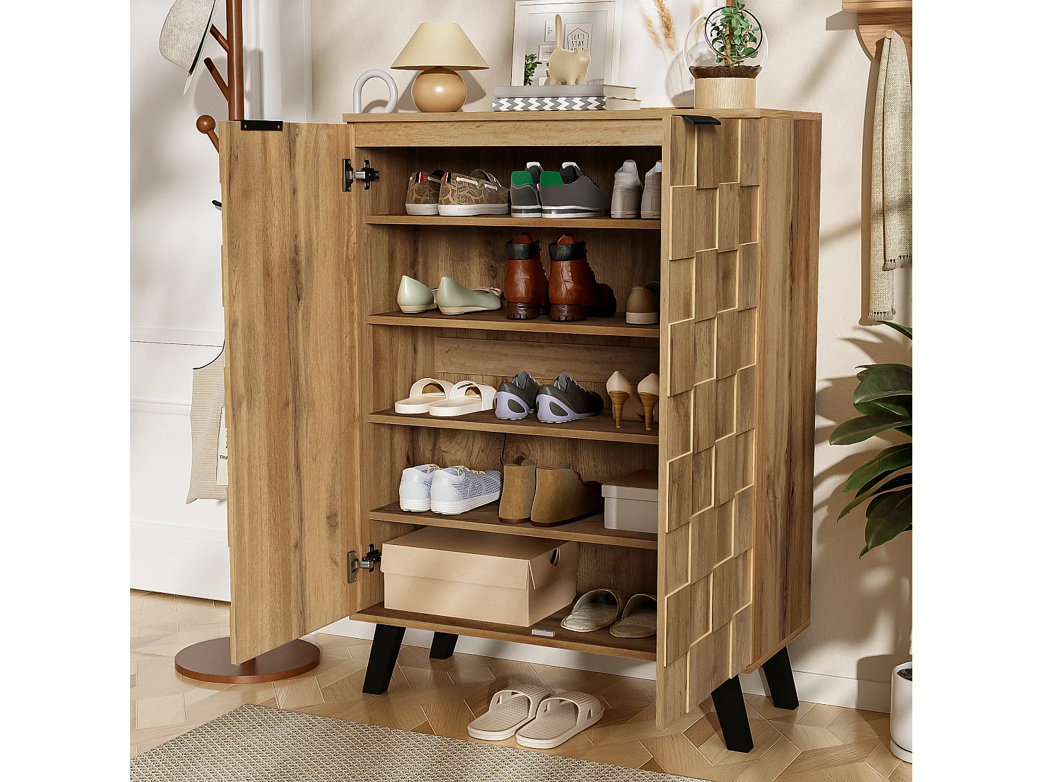 Modern Shoe Cabinet 80x35x110cm - 2 Doors - 5 Compartments - Adjustable Shelves - Wood Effect Finish - Natural