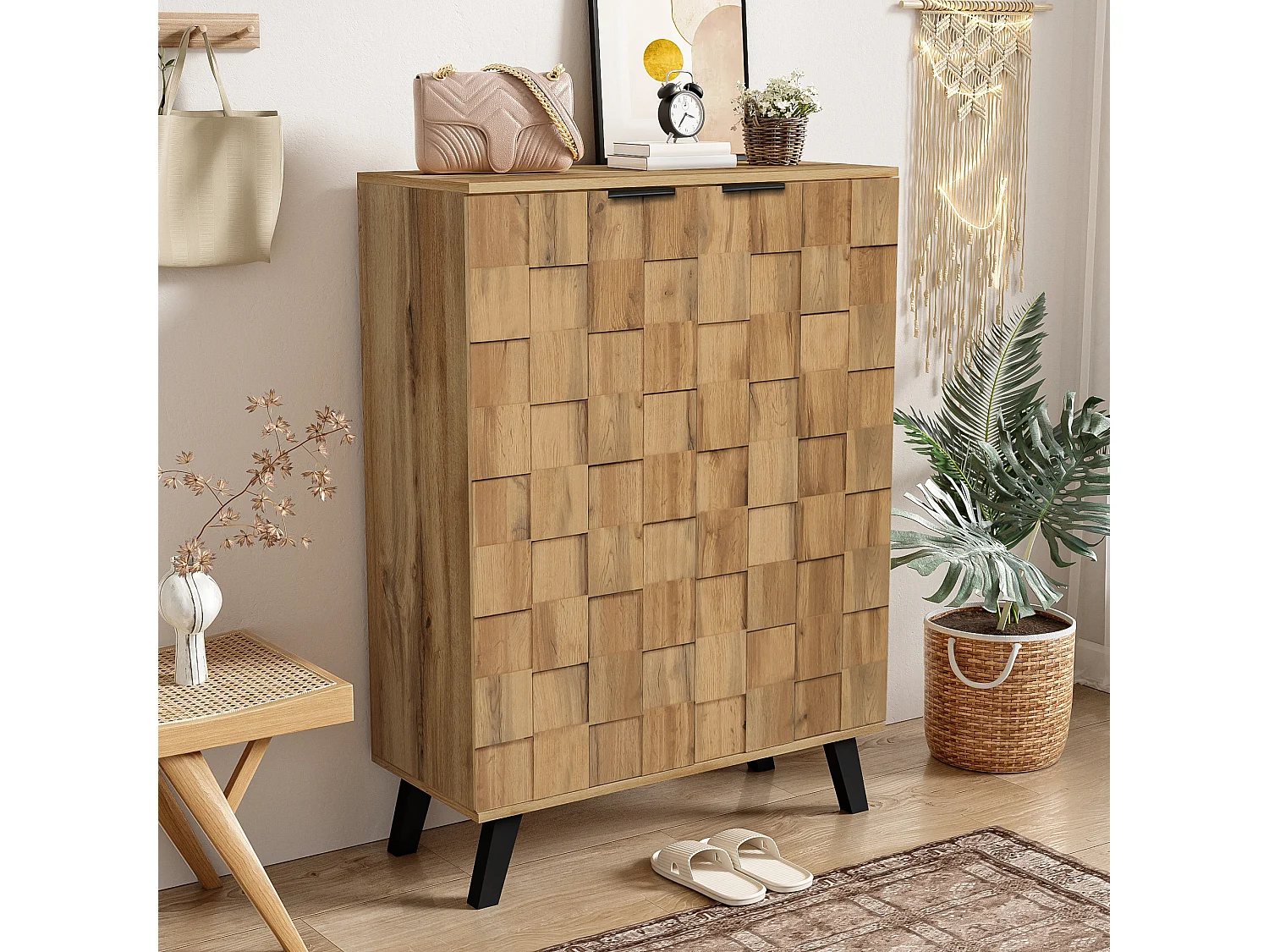 Modern Shoe Cabinet 80x35x110cm - 2 Doors - 5 Compartments - Adjustable Shelves - Wood Effect Finish - Natural