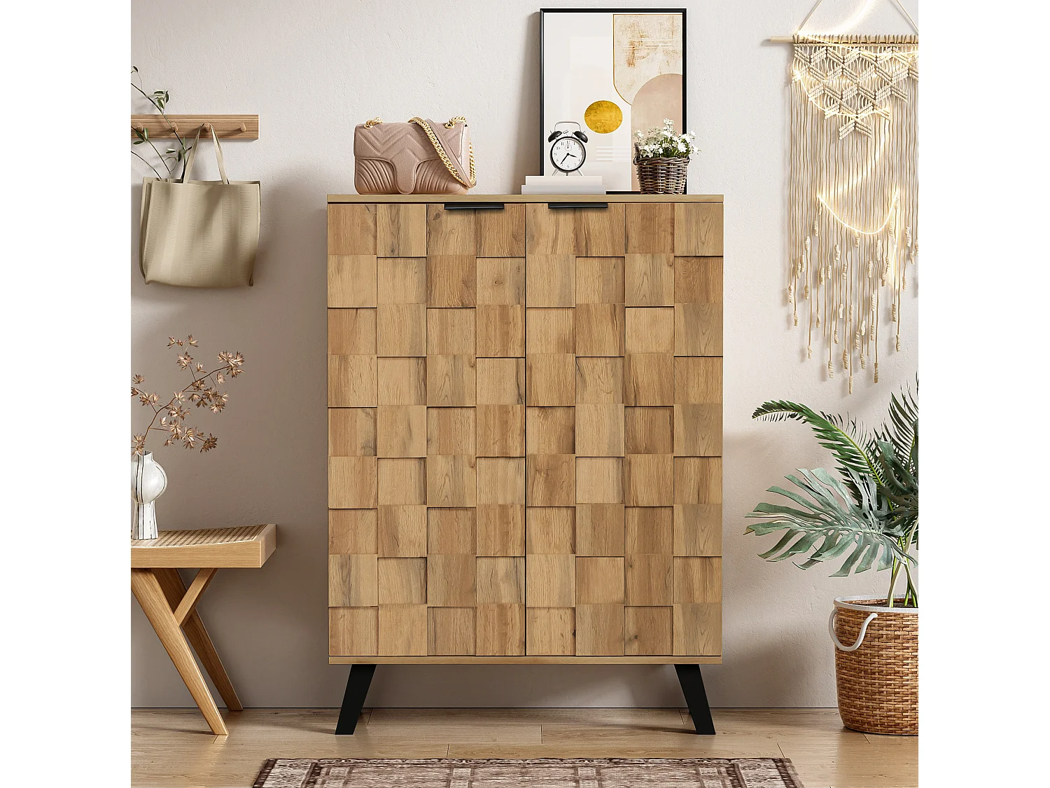 Modern Shoe Cabinet 80x35x110cm - 2 Doors - 5 Compartments - Adjustable Shelves - Wood Effect Finish - Natural