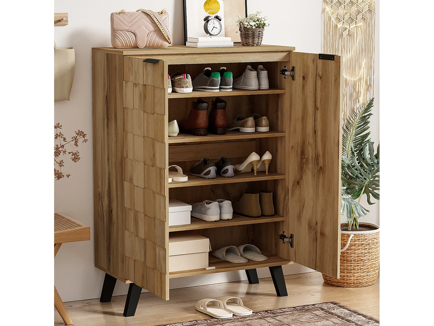 Modern Shoe Cabinet 80x35x110cm - 2 Doors - 5 Compartments - Adjustable Shelves - Wood Effect Finish - Natural