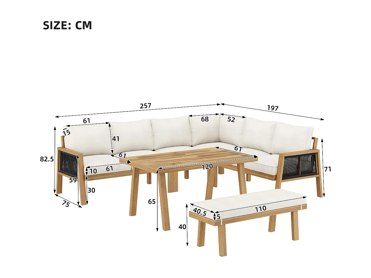 Garden furniture set, corner sofa + coffee table + footstool, seats 5-6, acacia frame and top, rope, Natural + Cream