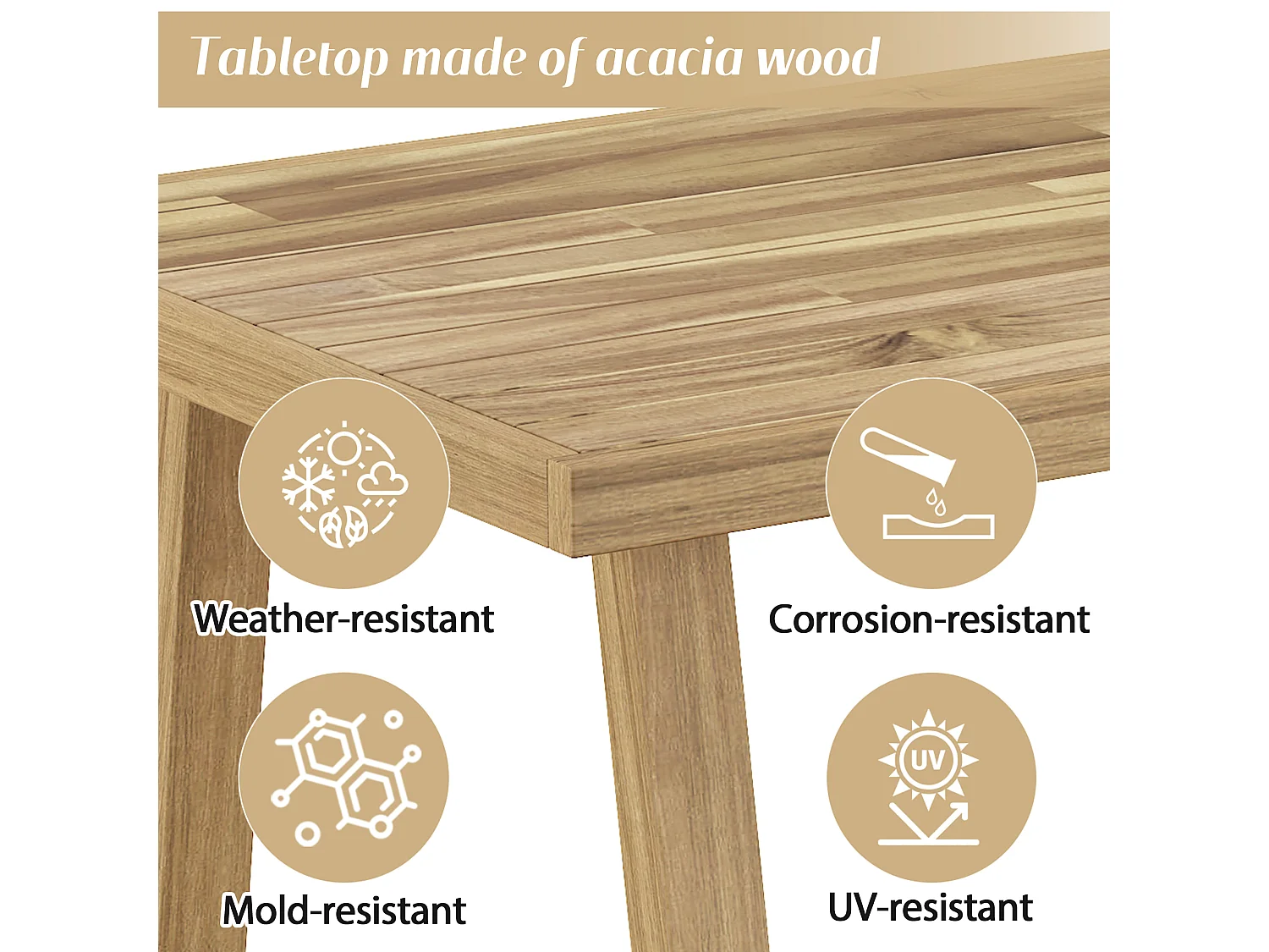 Garden furniture set, corner sofa + coffee table + footstool, seats 5-6, acacia frame and top, rope, Natural + Cream