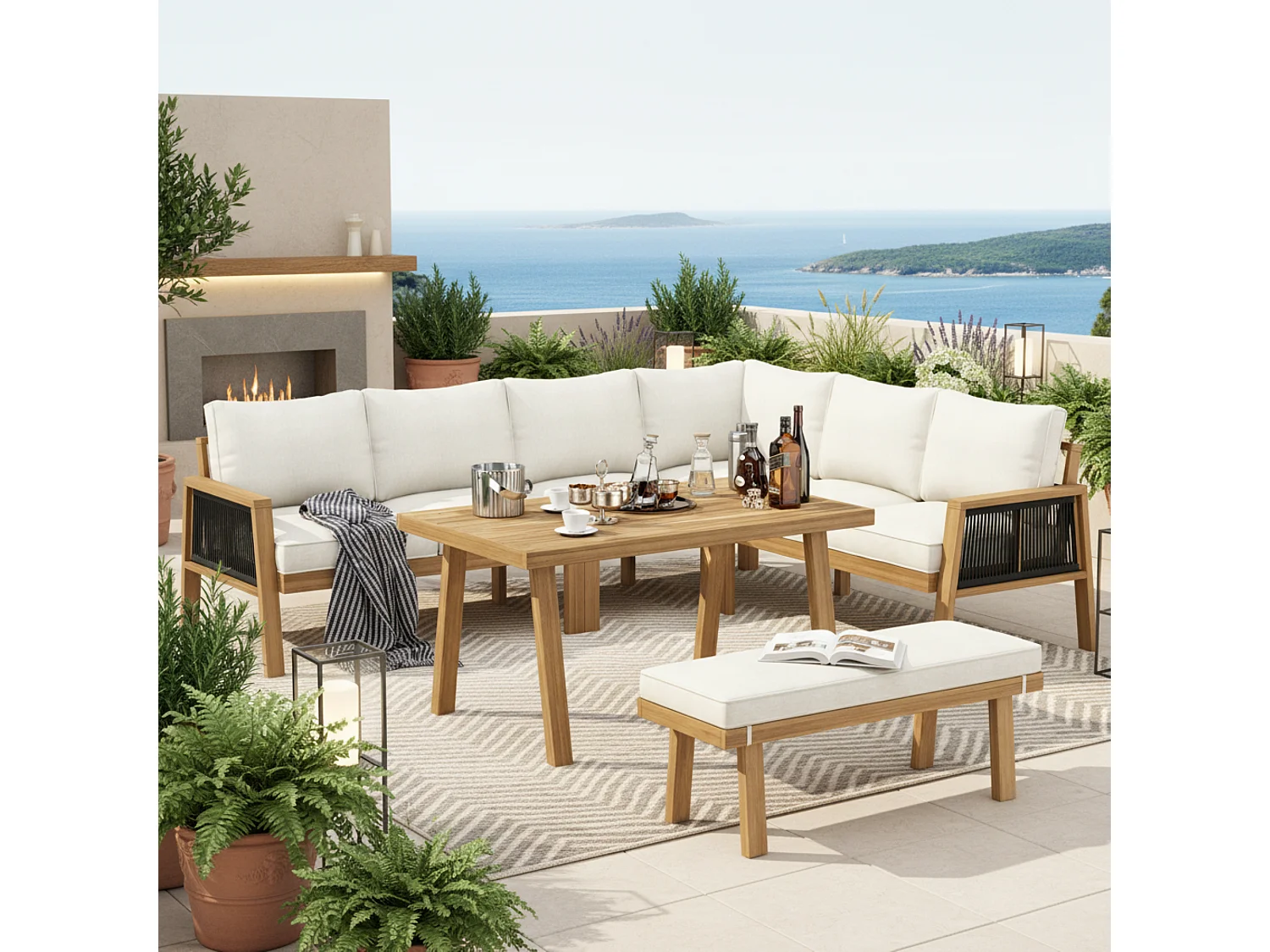 Garden furniture set, corner sofa + coffee table + footstool, seats 5-6, acacia frame and top, rope, Natural + Cream