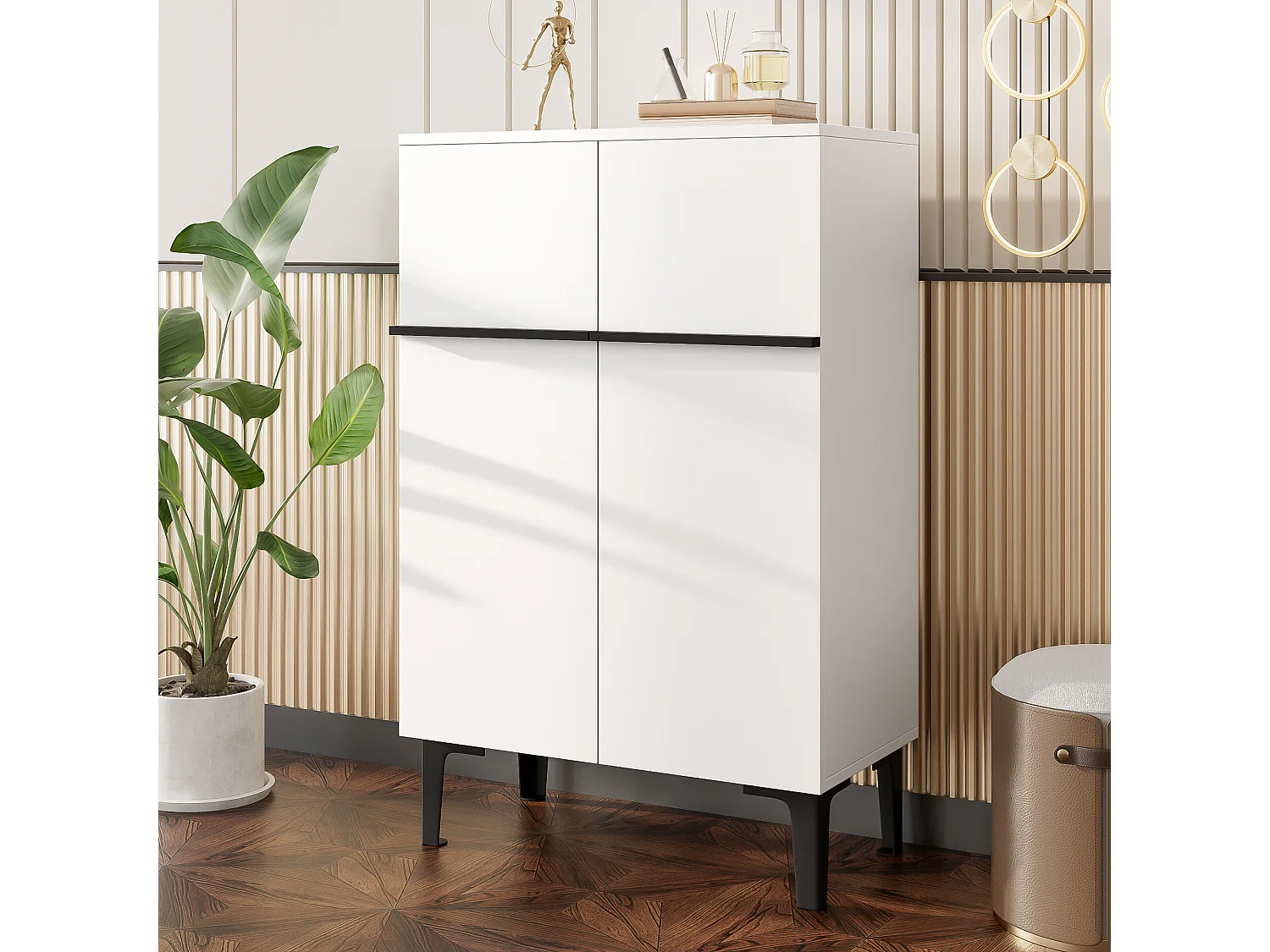Shoe cabinet 95x60x34.5 cm - 2 doors - Adjustable shelves - Wood finish - Particleboard - White