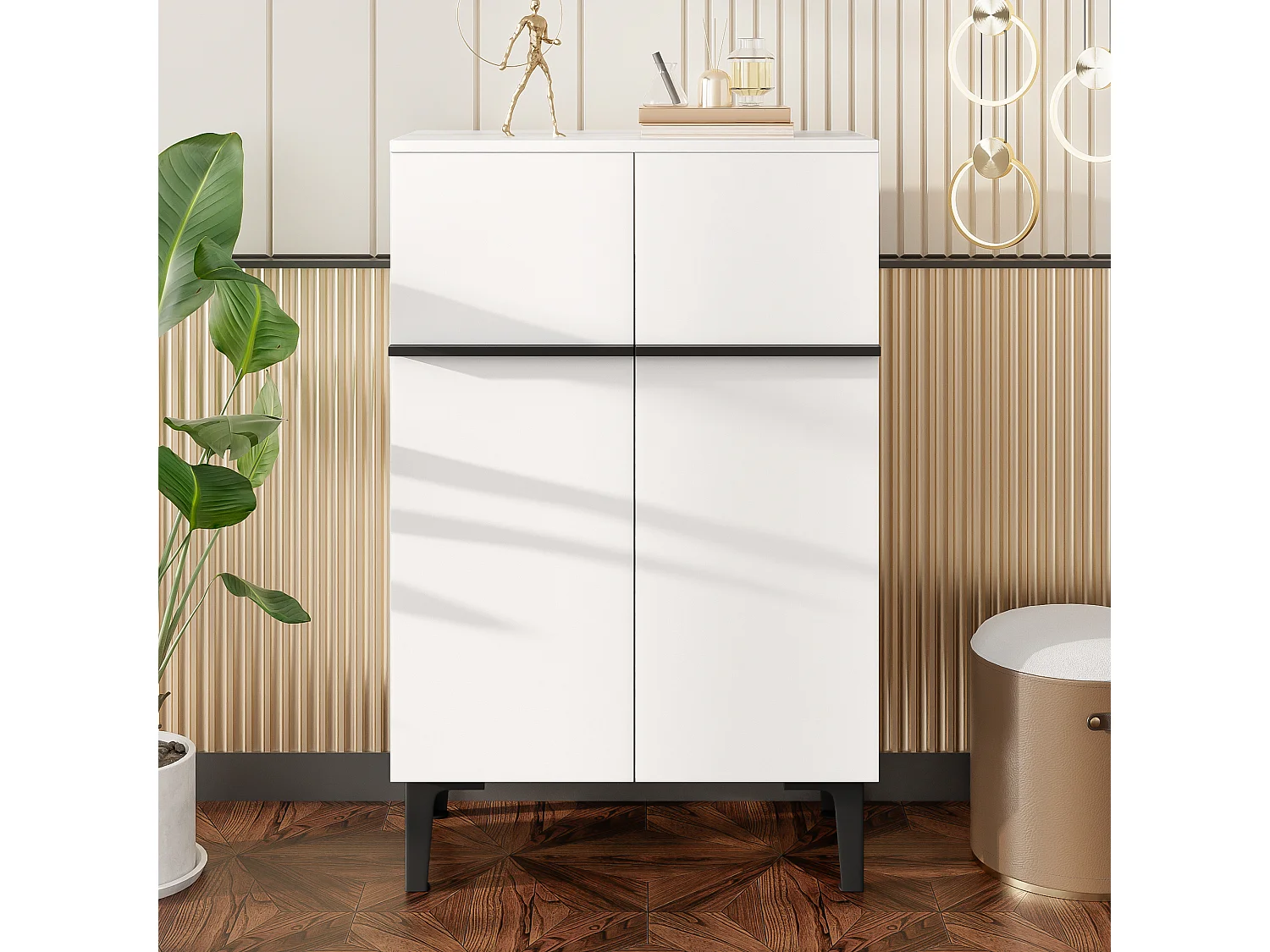 Shoe cabinet 95x60x34.5 cm - 2 doors - Adjustable shelves - Wood finish - Particleboard - White