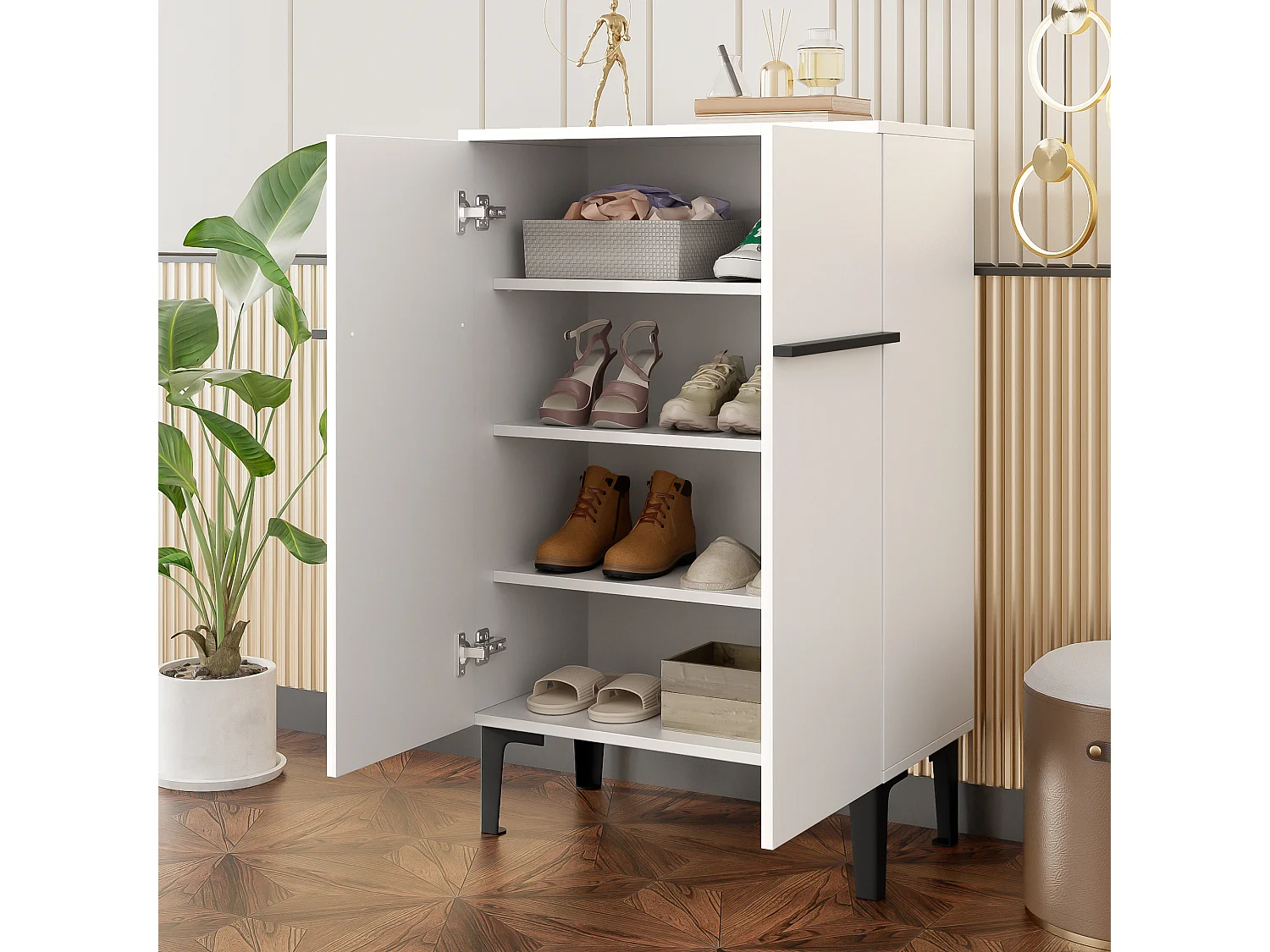Shoe cabinet 95x60x34.5 cm - 2 doors - Adjustable shelves - Wood finish - Particleboard - White