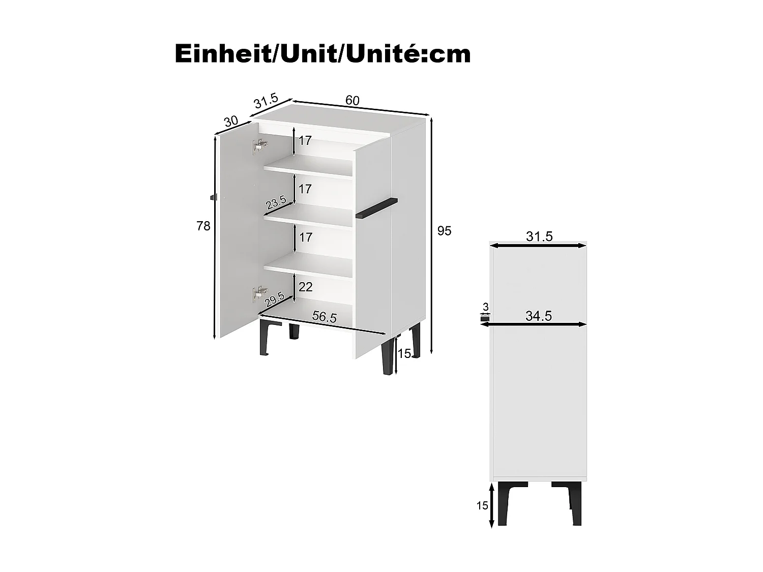 Shoe cabinet 95x60x34.5 cm - 2 doors - Adjustable shelves - Wood finish - Particleboard - White