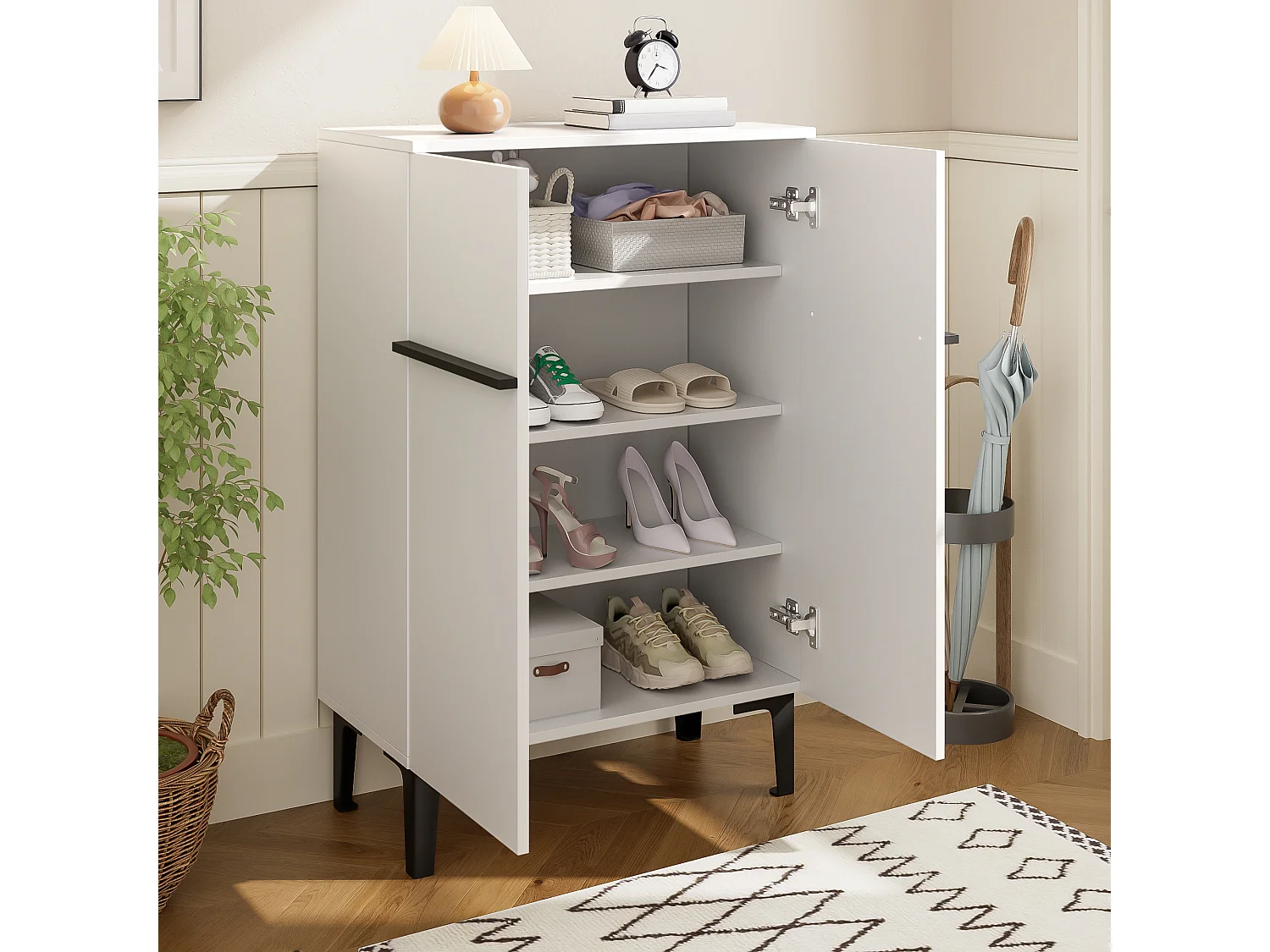 Shoe cabinet 95x60x34.5 cm - 2 doors - Adjustable shelves - Wood finish - Particleboard - White