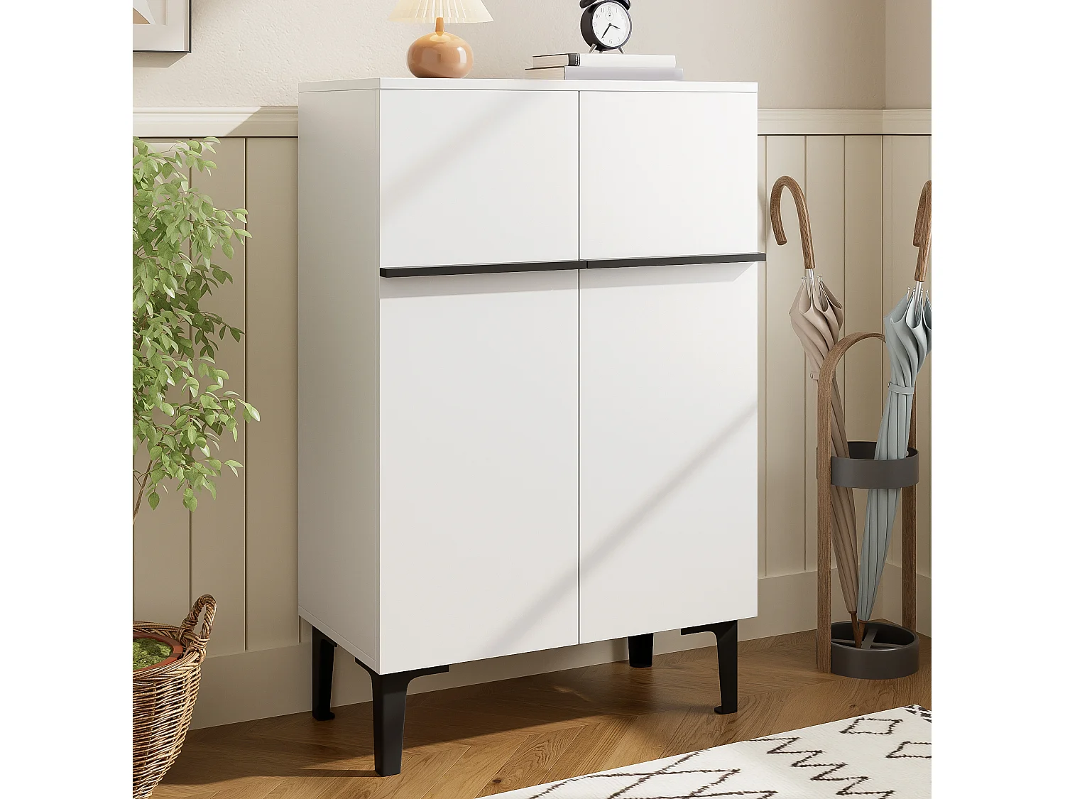 Shoe cabinet 95x60x34.5 cm - 2 doors - Adjustable shelves - Wood finish - Particleboard - White