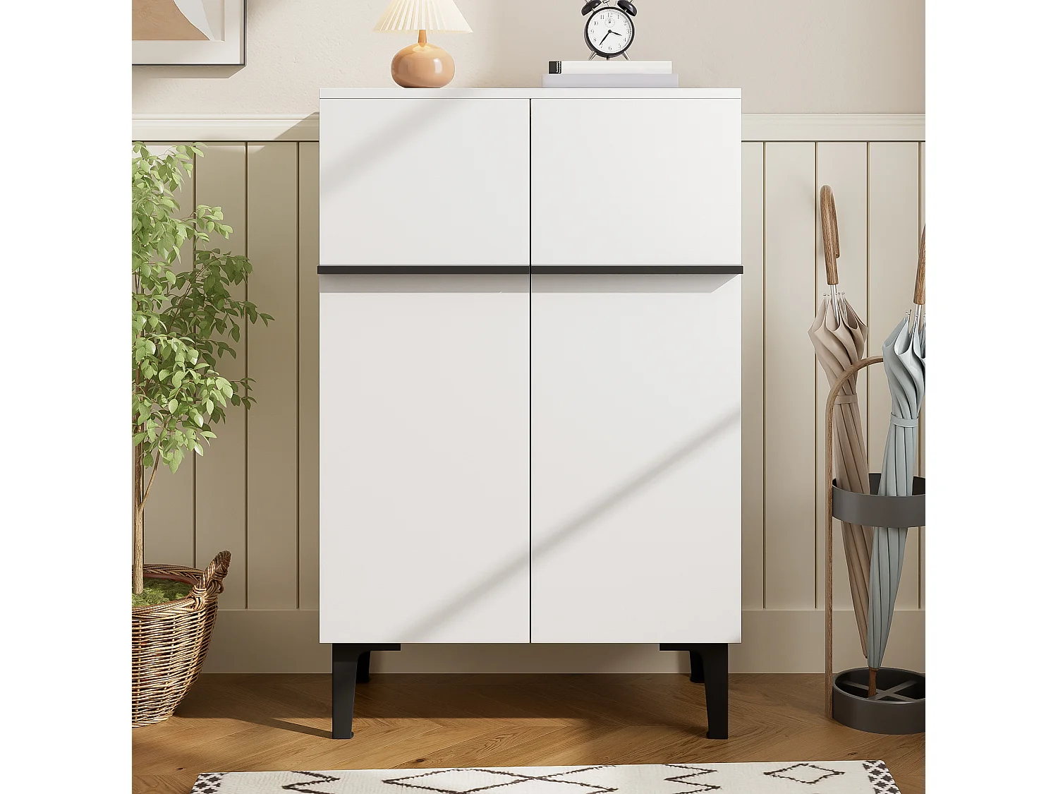 Shoe cabinet 95x60x34.5 cm - 2 doors - Adjustable shelves - Wood finish - Particleboard - White