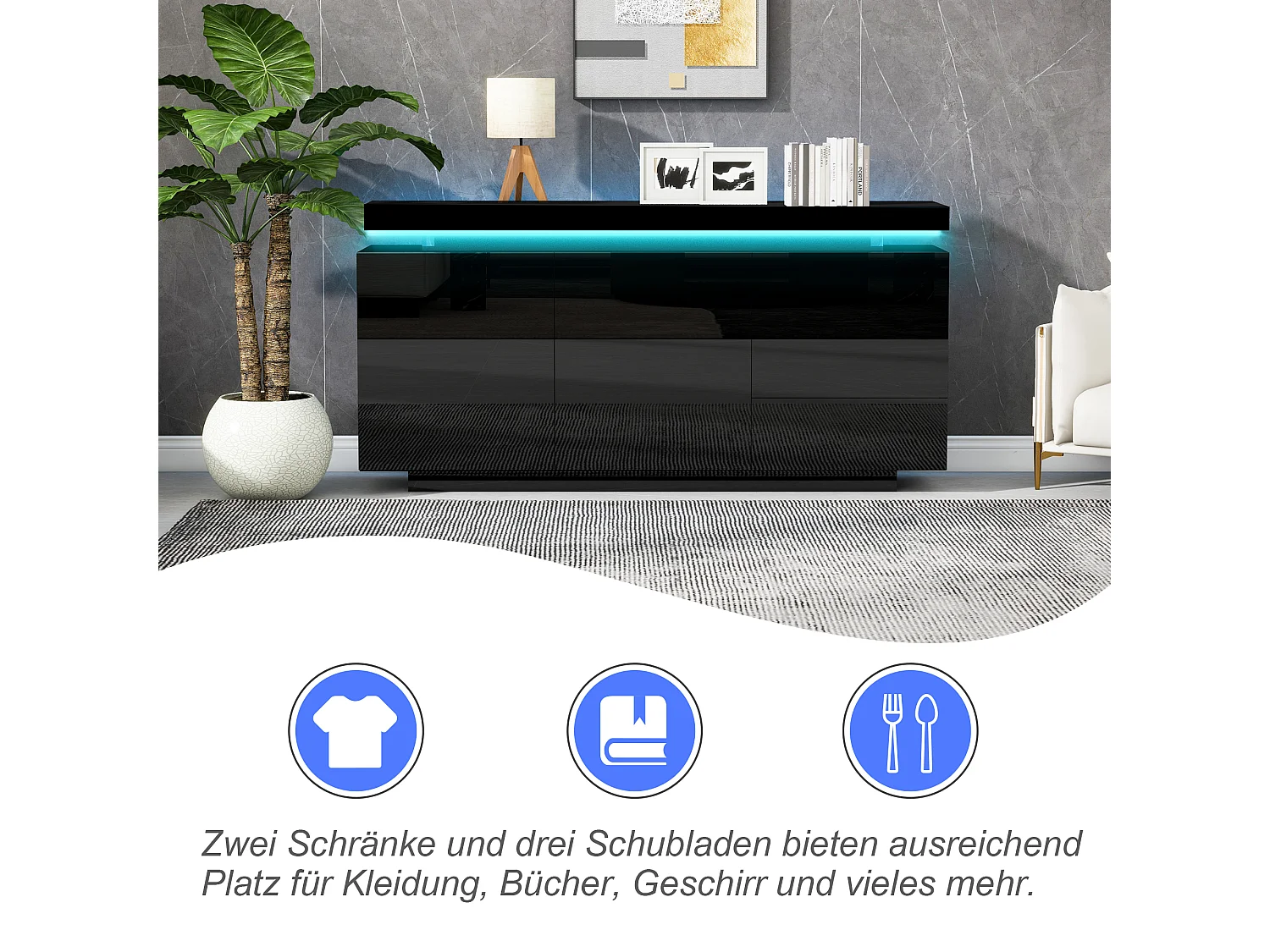 Modern sideboard 140x35x72.5 cm - with LED lighting - 2 doors and 3 drawers - High-gloss lacquered finish - Black