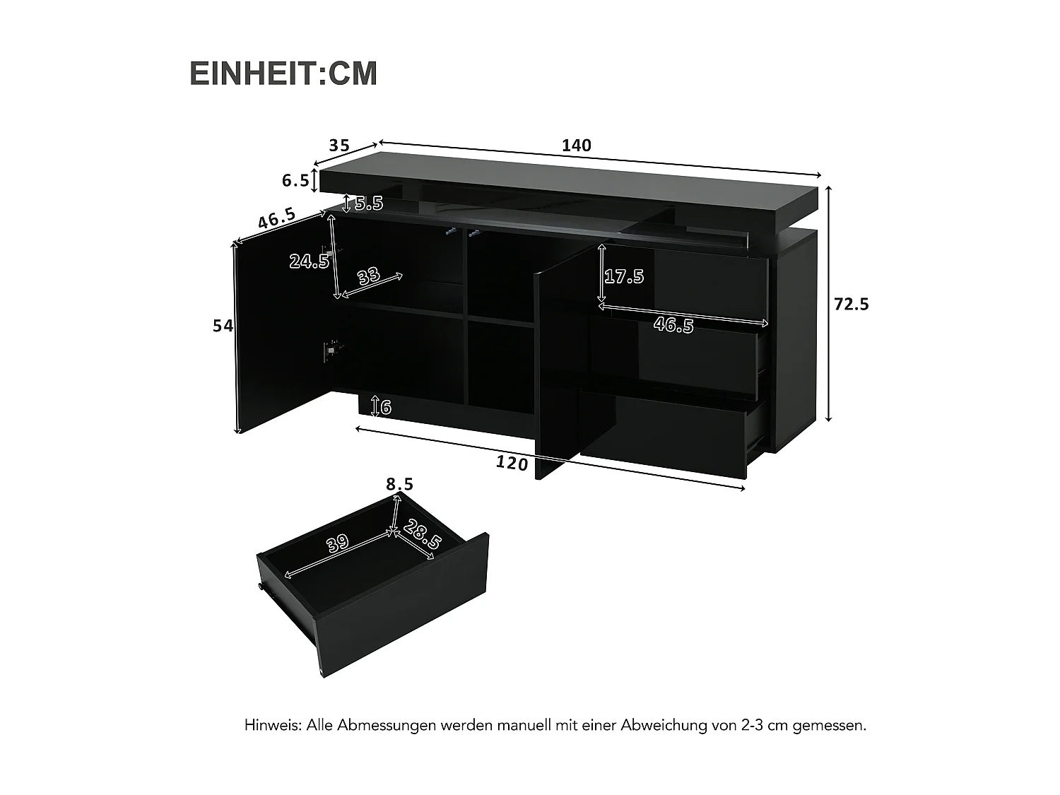 Modern sideboard 140x35x72.5 cm - with LED lighting - 2 doors and 3 drawers - High-gloss lacquered finish - Black