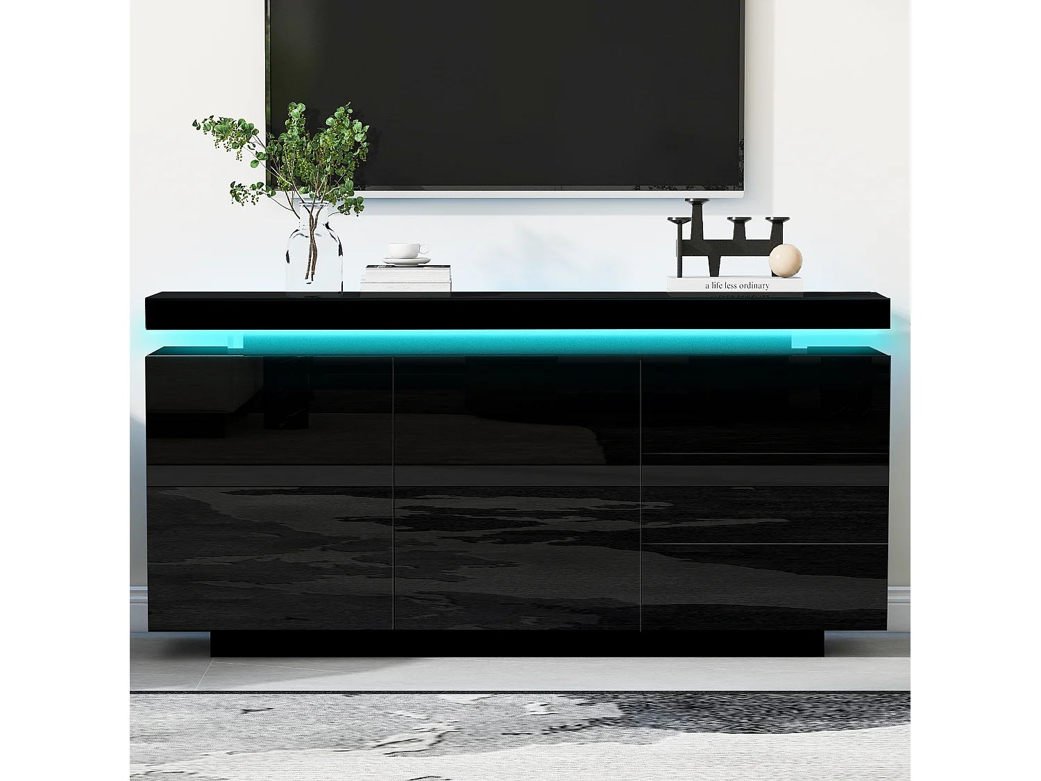 Modern sideboard 140x35x72.5 cm - with LED lighting - 2 doors and 3 drawers - High-gloss lacquered finish - Black