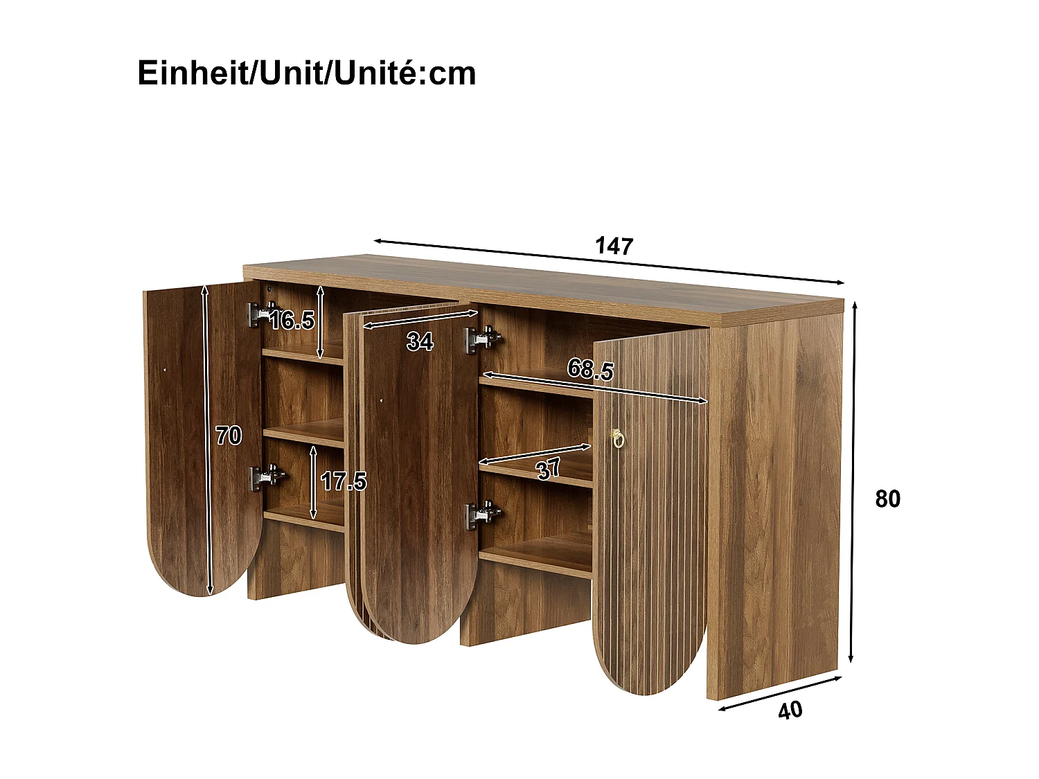 Sideboard 147x40x80cm - with 4 doors - adjustable shelves - brown
