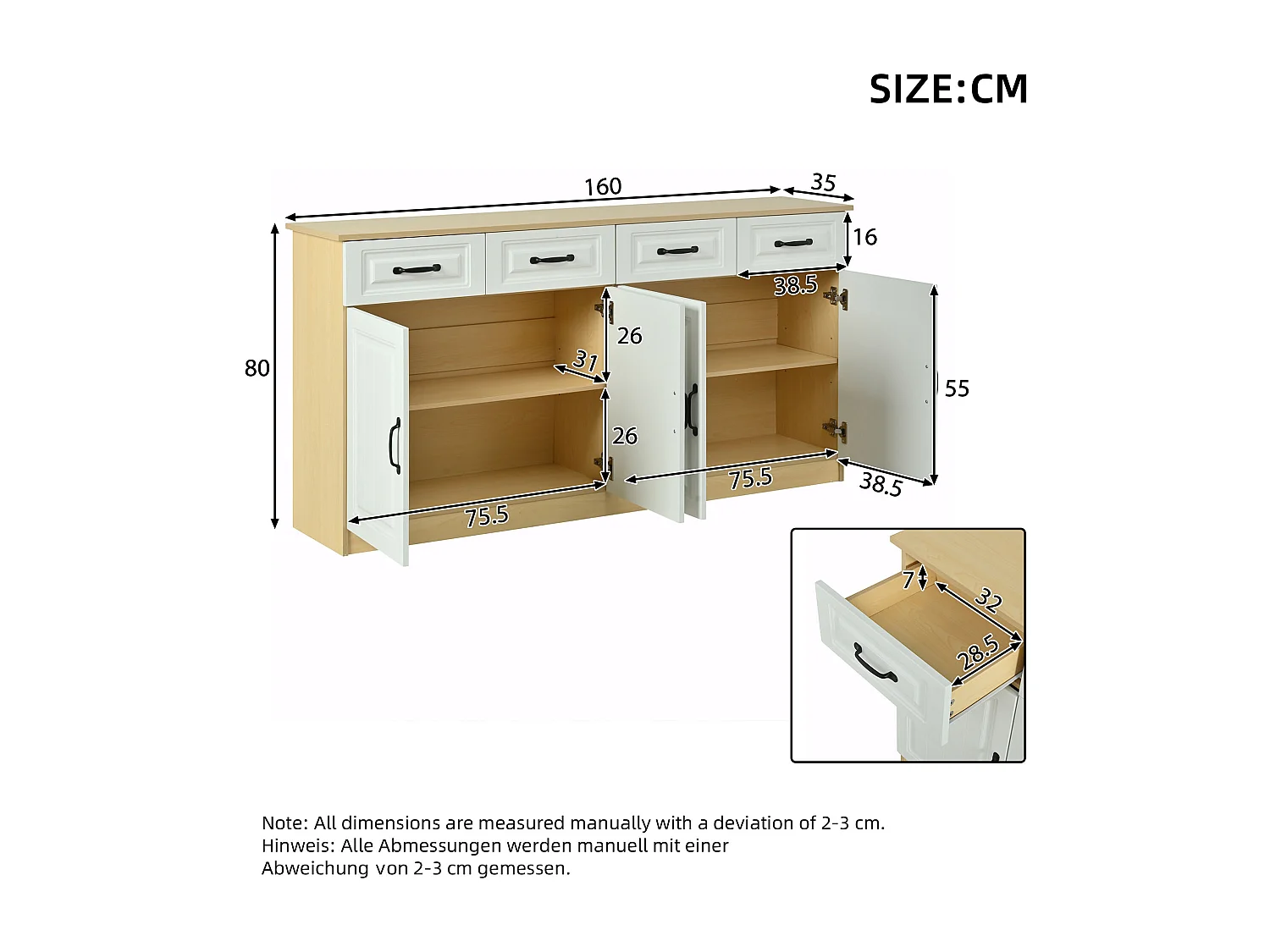 Dressoir/ladekast met 4 deuren en 4 lades - 2 planken - geribbeld design - 8 metalen handgrepen - MDF - wit + naturel