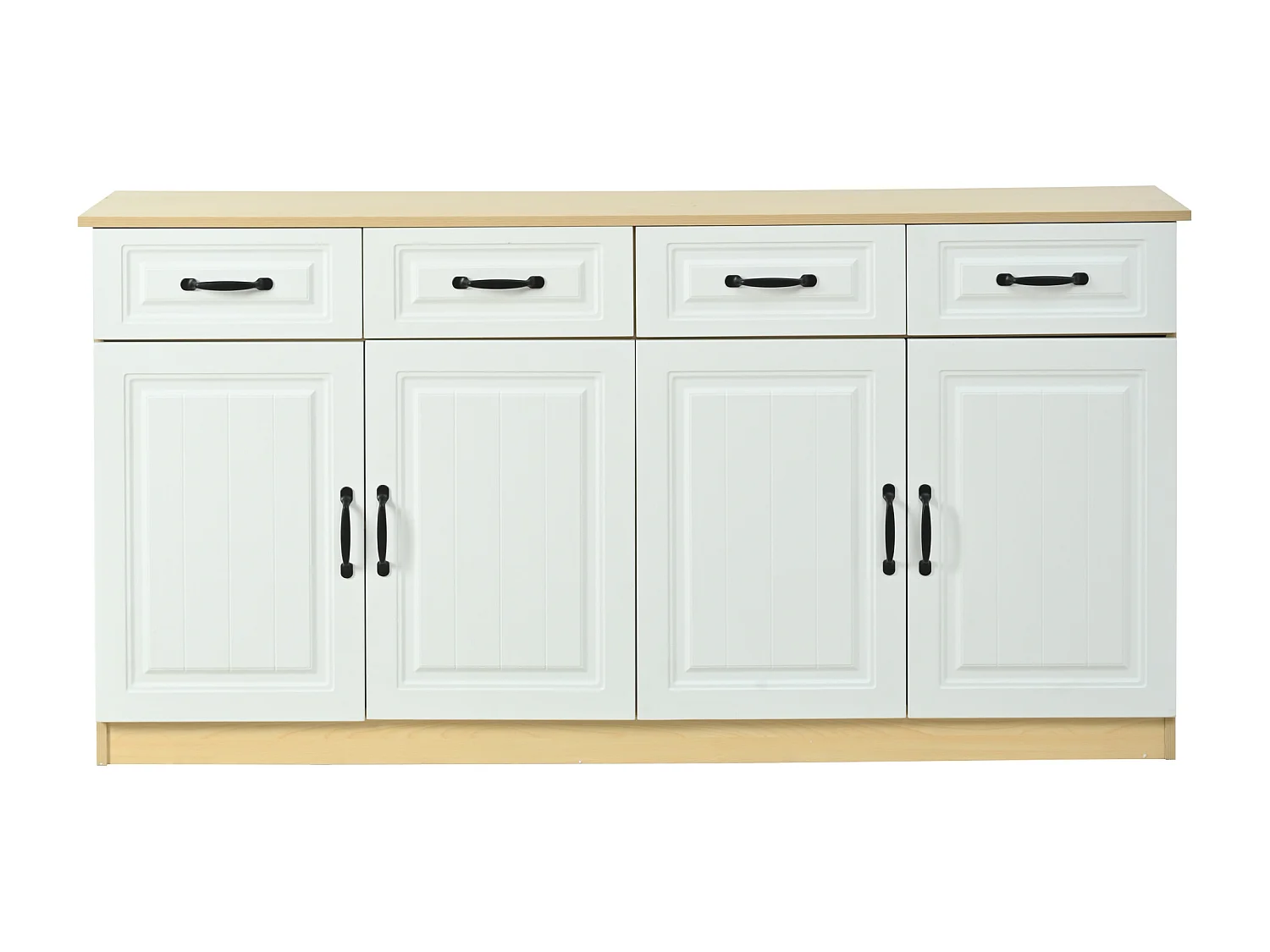 Dressoir/ladekast met 4 deuren en 4 lades - 2 planken - geribbeld design - 8 metalen handgrepen - MDF - wit + naturel