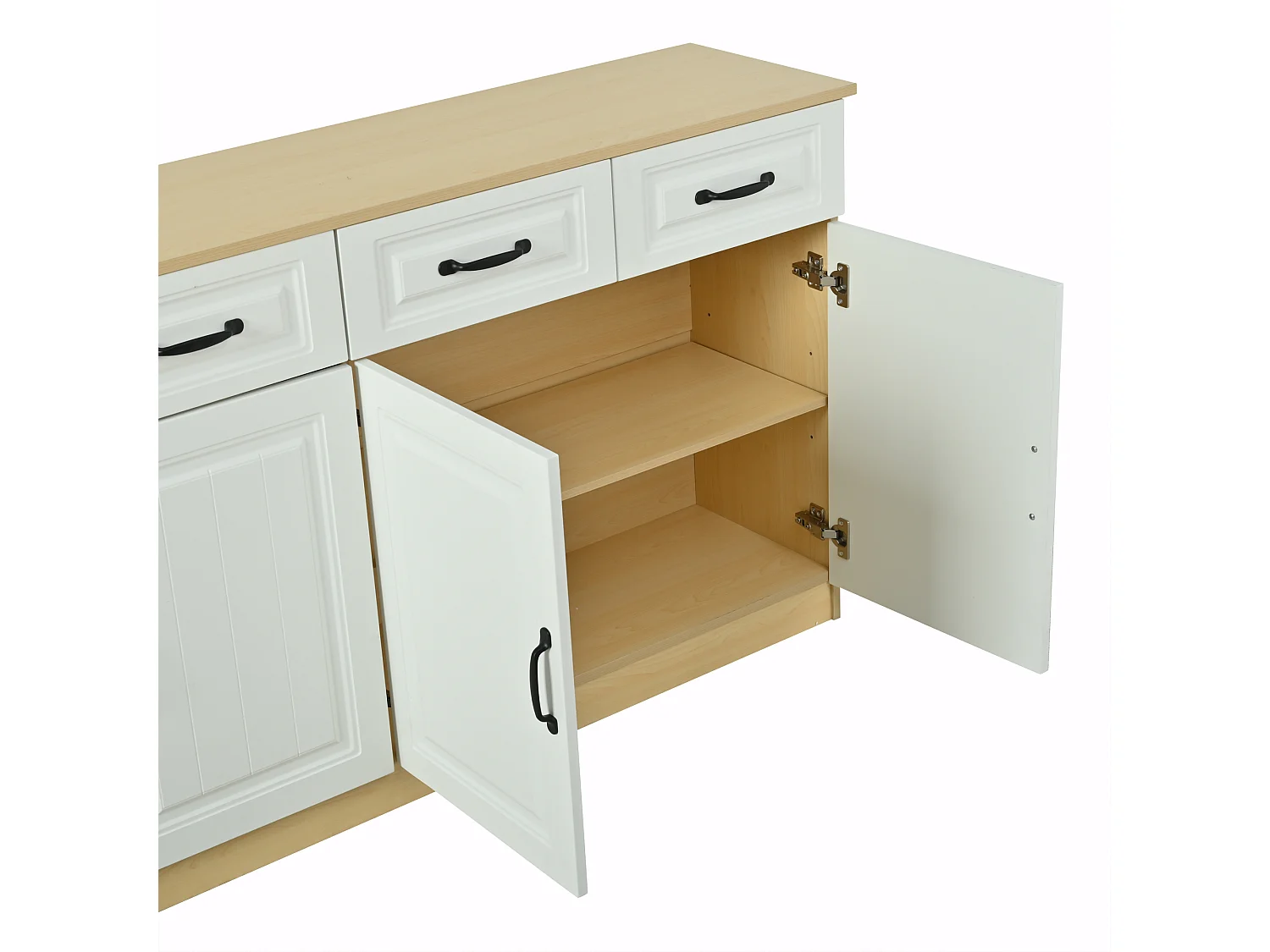Dressoir/ladekast met 4 deuren en 4 lades - 2 planken - geribbeld design - 8 metalen handgrepen - MDF - wit + naturel