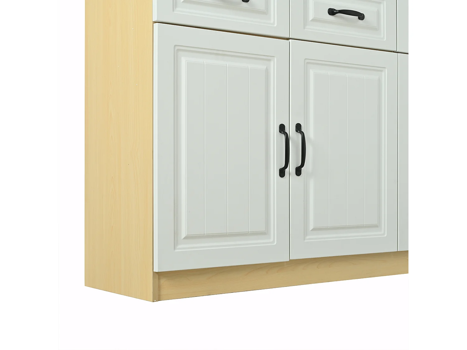 Dressoir/ladekast met 4 deuren en 4 lades - 2 planken - geribbeld design - 8 metalen handgrepen - MDF - wit + naturel